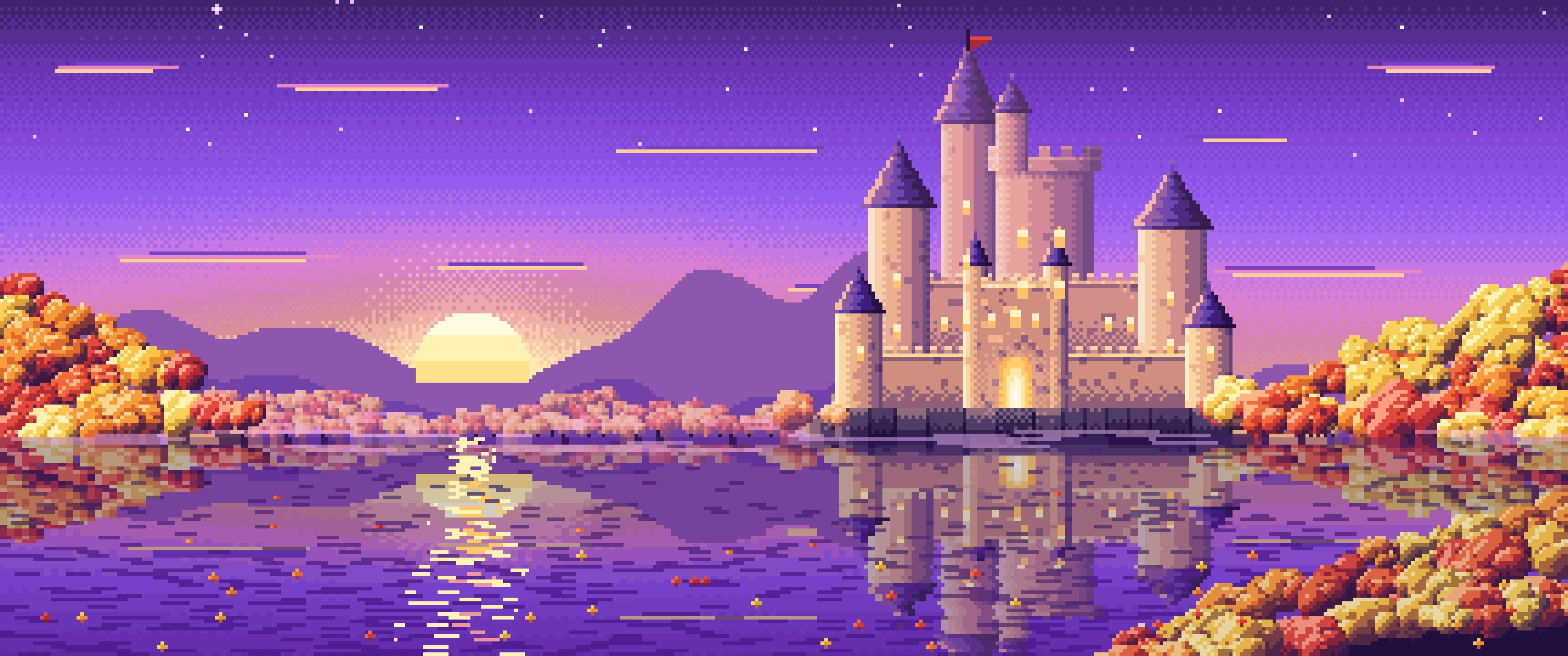 Purple Pixel Art Fall Fantasy Castle on a Lake ultrawide wallpaper, 3440 × 1440