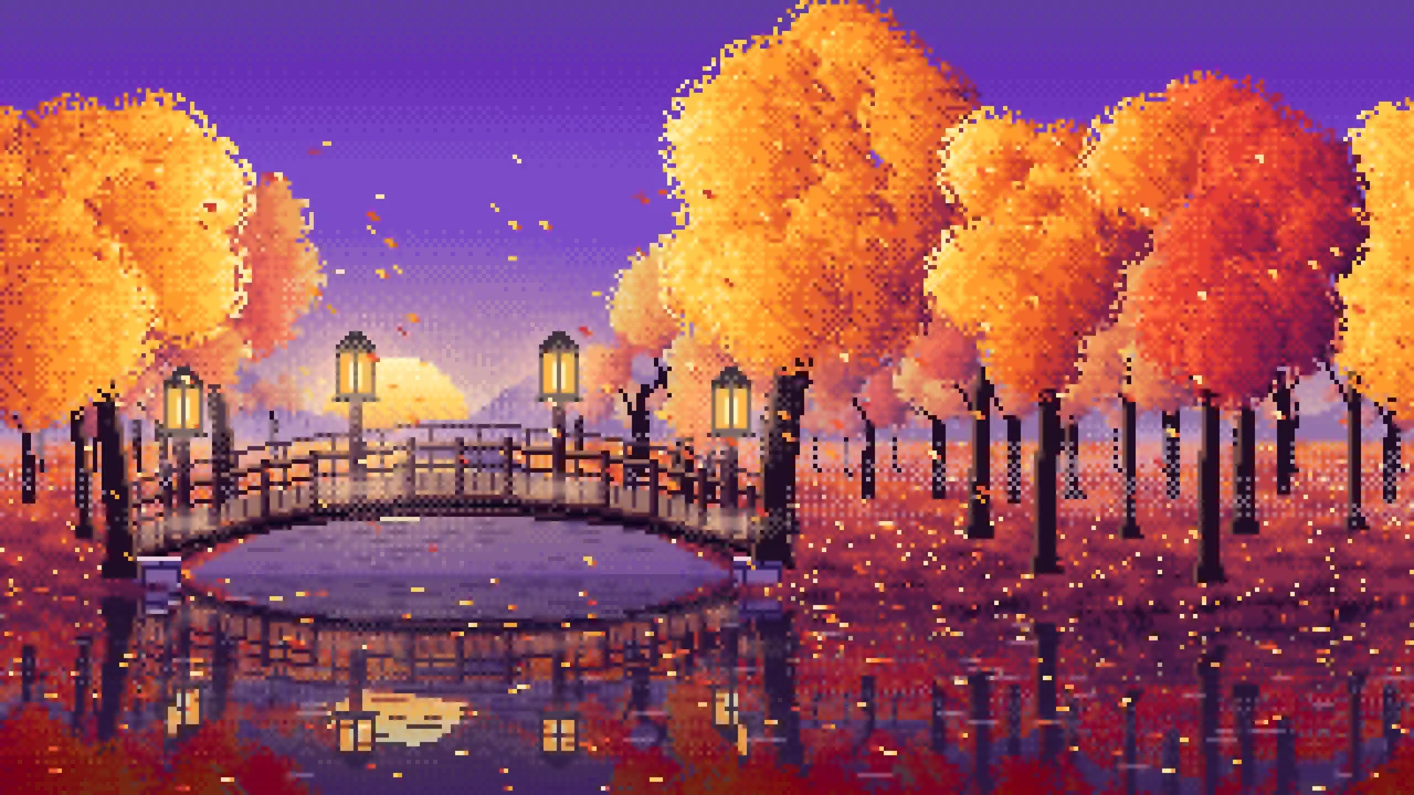 Purple Pixel Art Fall Forest Bridge at Dusk desktop wallpaper in 4K