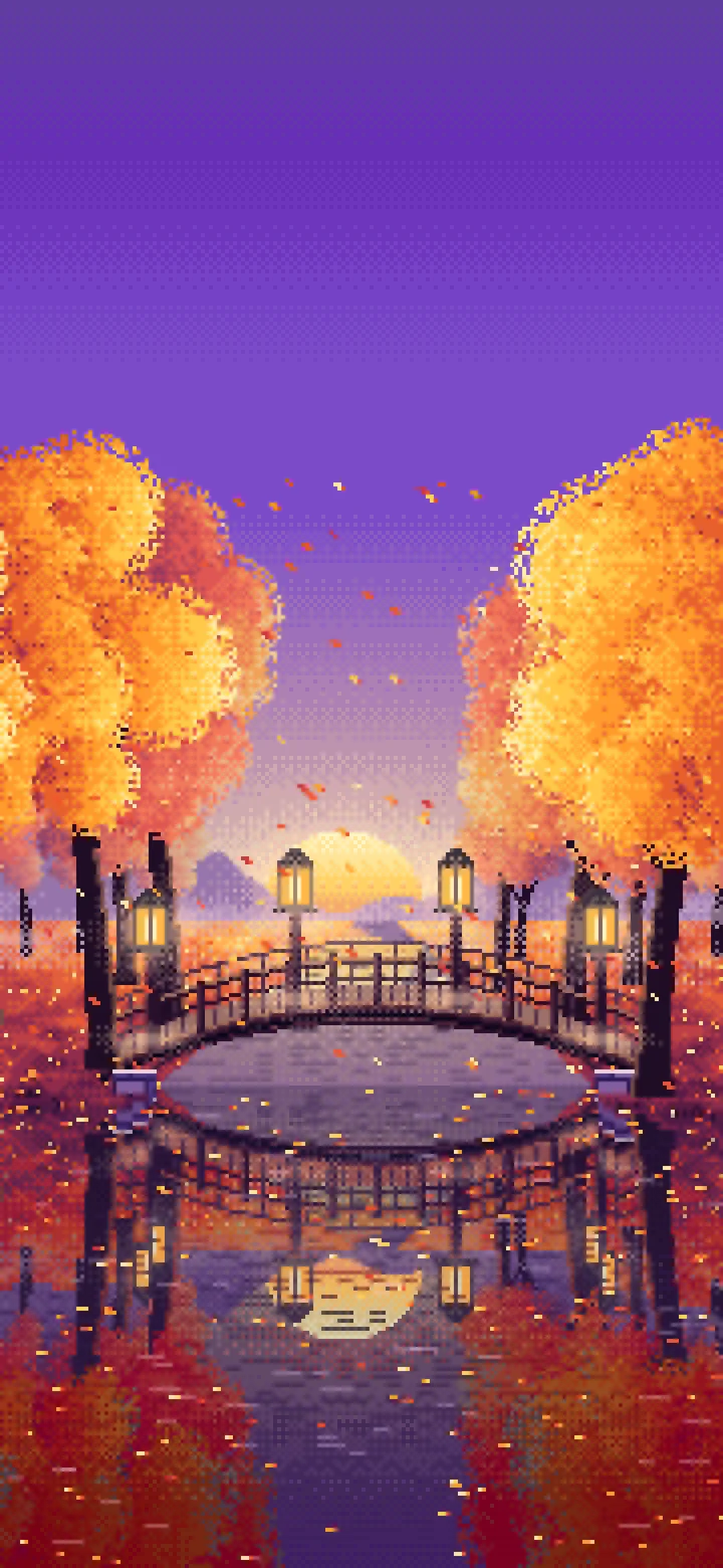 Purple Pixel Art Fall Forest Bridge at Dusk wallpaper for iPhone and Android
