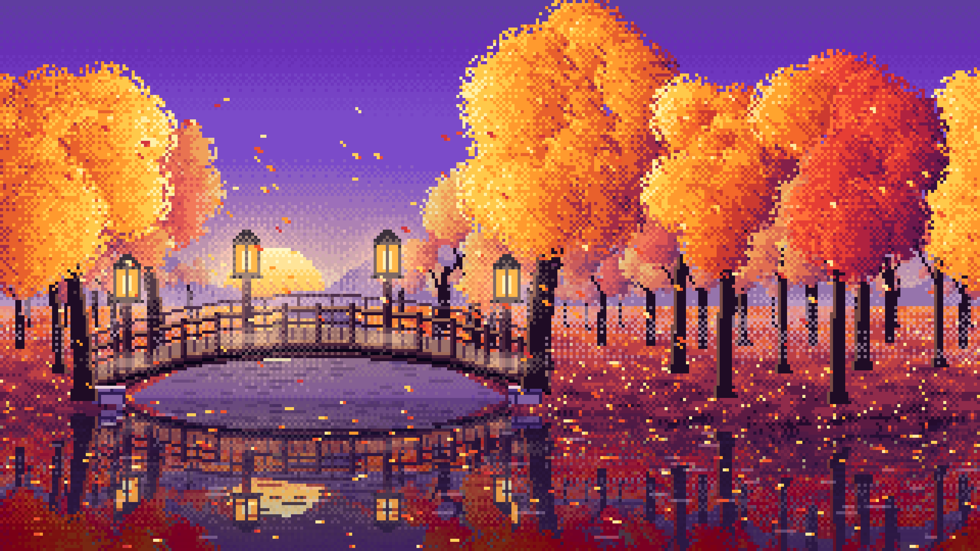 Purple Pixel Art Fall Forest Bridge at Dusk desktop wallpaper in 4K