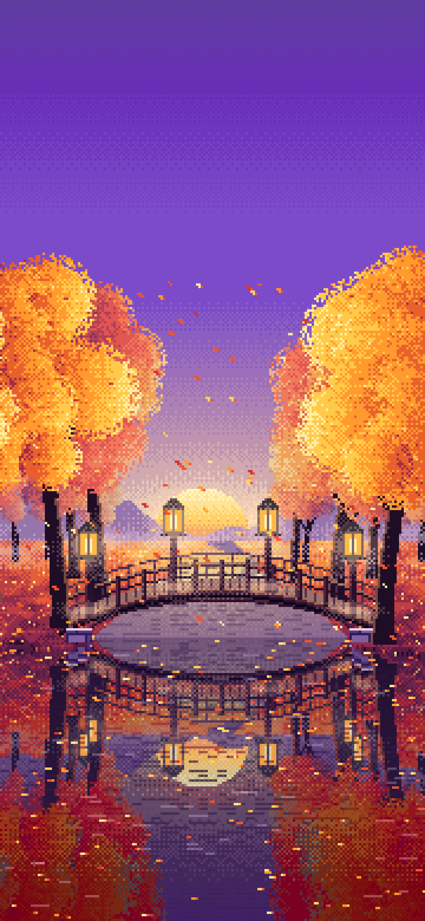 Purple Pixel Art Fall Forest Bridge at Dusk wallpaper for iPhone and Android