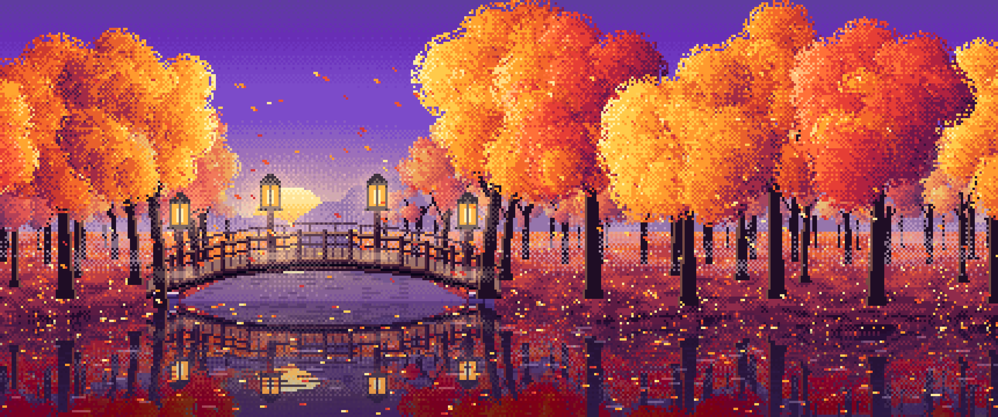 Purple Pixel Art Fall Forest Bridge at Dusk ultrawide wallpaper, 3440 × 1440