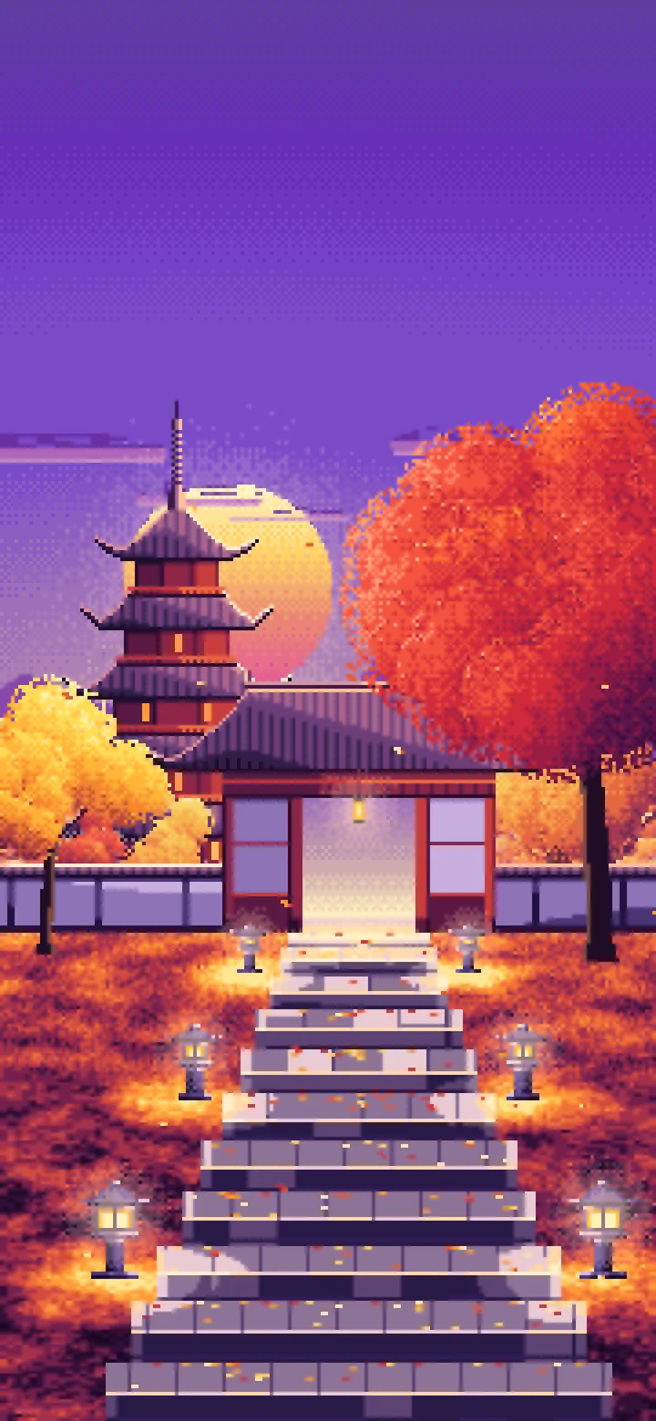 Purple Pixel Art Fall Japanese Temple wallpaper for iPhone and Android