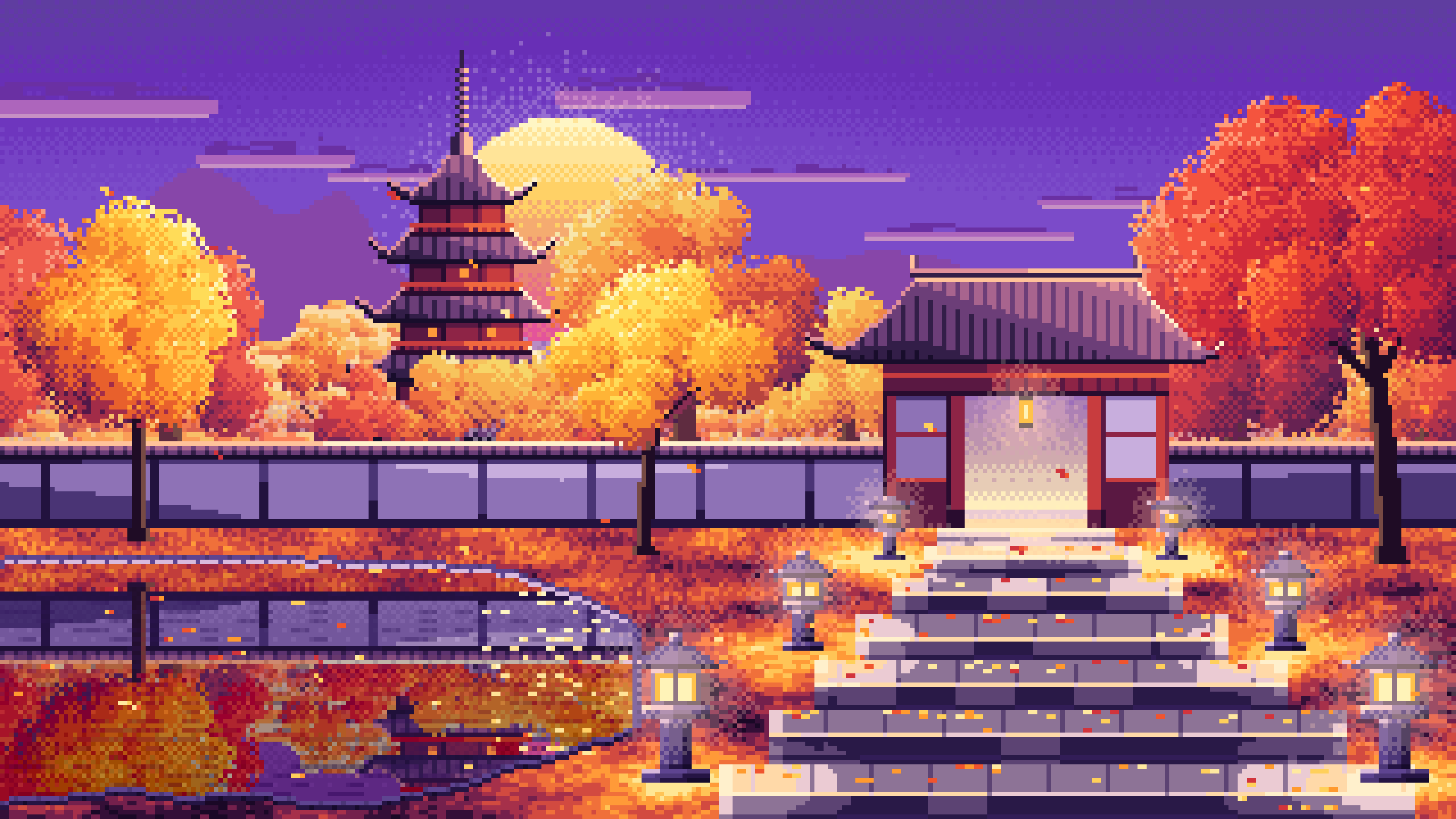 Purple Pixel Art Fall Japanese Temple desktop wallpaper in 4K