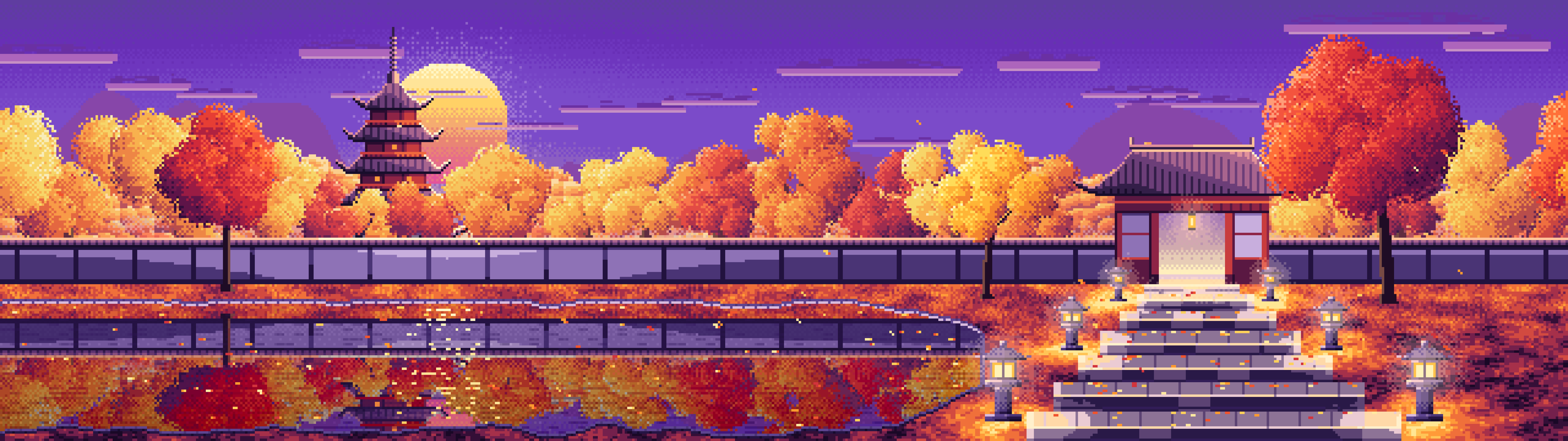 Purple Pixel Art Fall Japanese Temple dual monitor wallpaper, 7680 × 2160