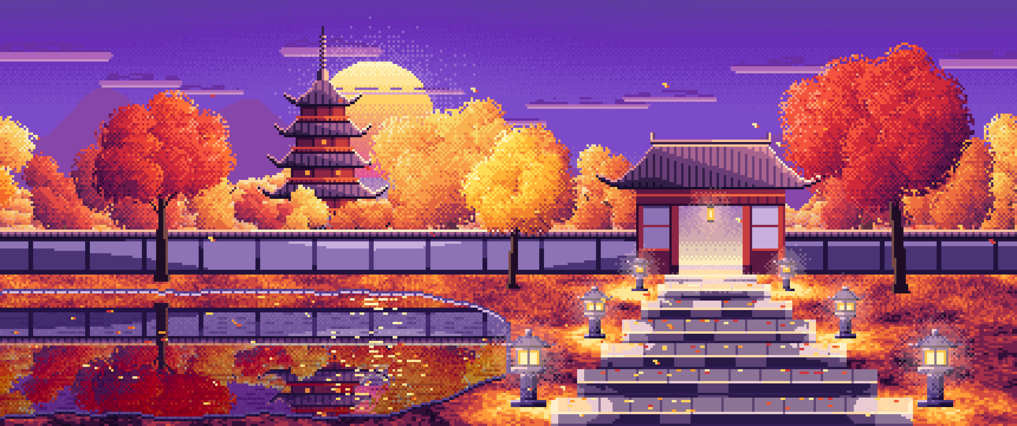 Purple Pixel Art Fall Japanese Temple ultrawide wallpaper, 3440 × 1440