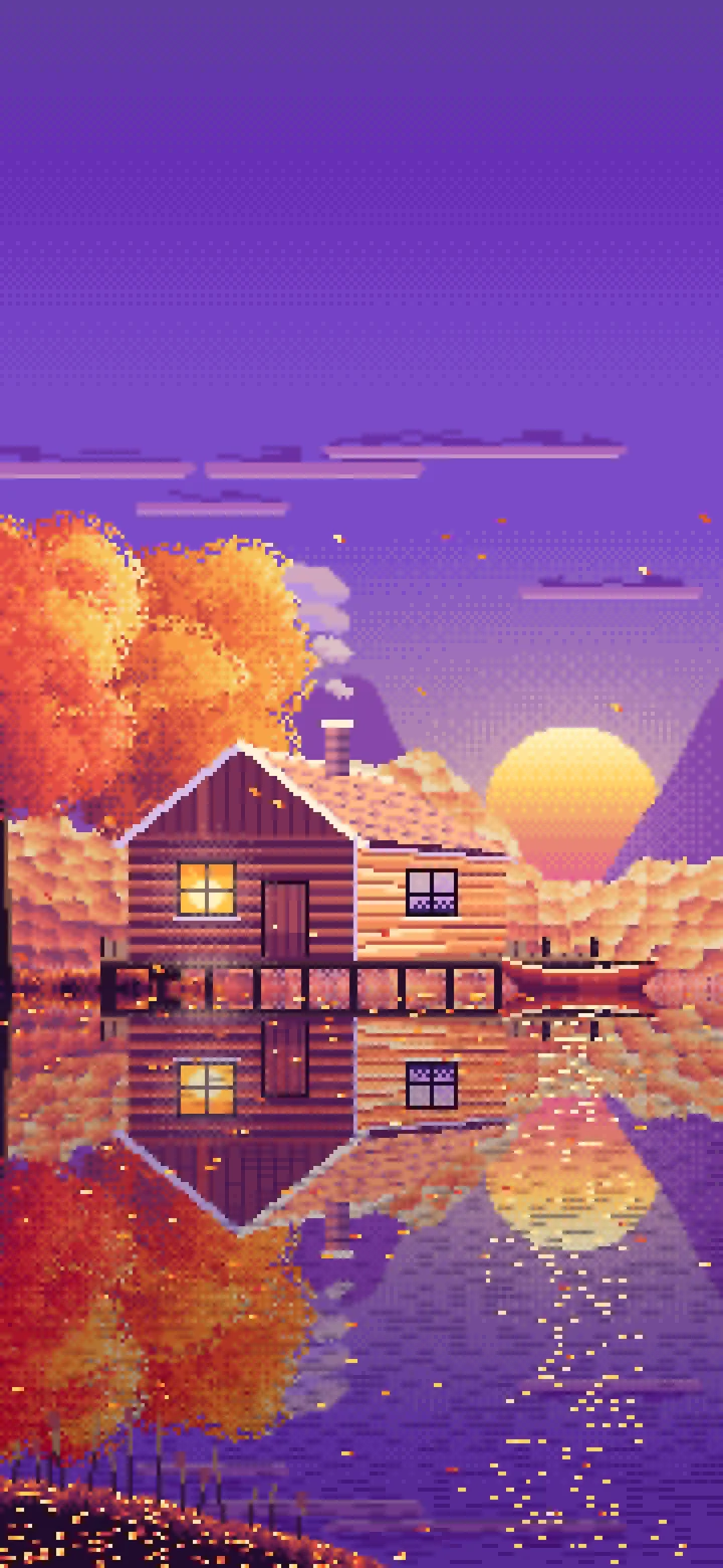Purple Pixel Art Fall Lake Cabin at Sunset wallpaper for iPhone and Android