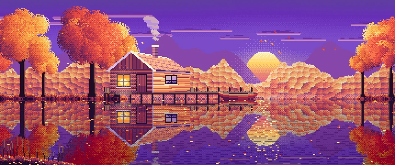 Purple Pixel Art Fall Lake Cabin at Sunset ultrawide wallpaper, 3440 × 1440