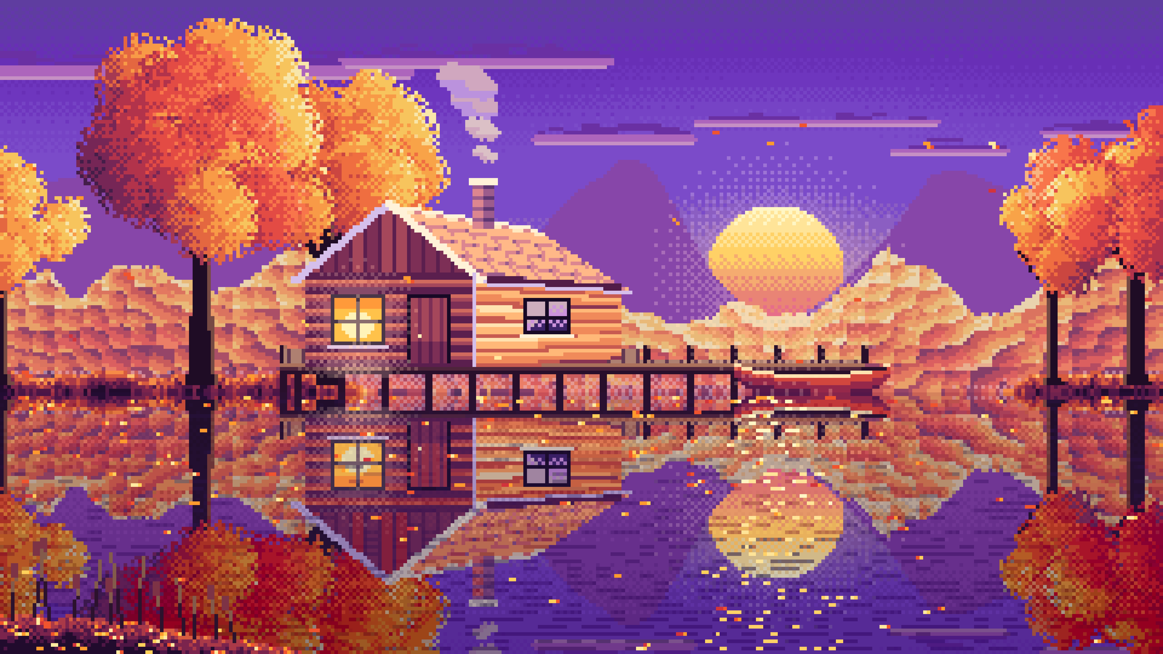 Purple Pixel Art Fall Lake Cabin at Sunset desktop wallpaper in 4K