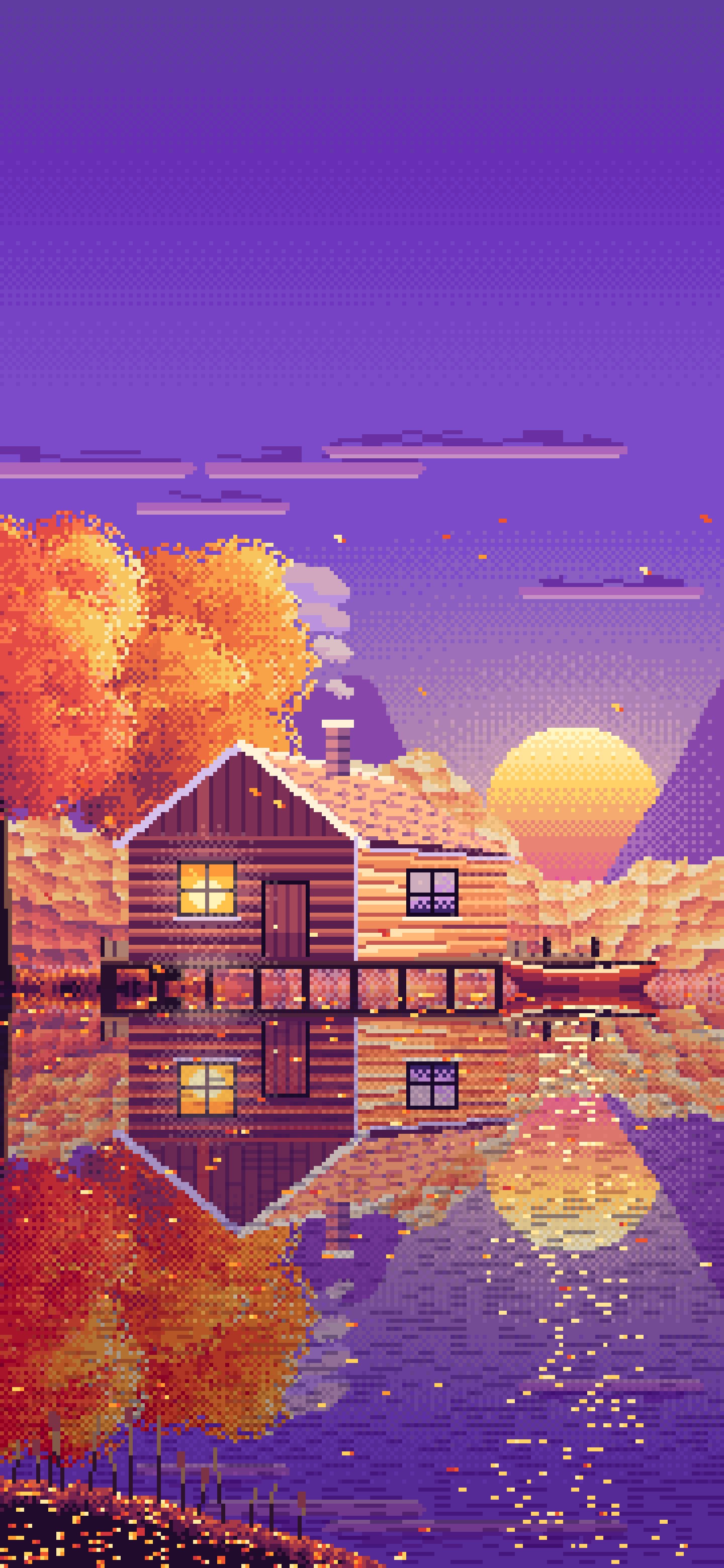 Purple Pixel Art Fall Lake Cabin at Sunset wallpaper for iPhone and Android