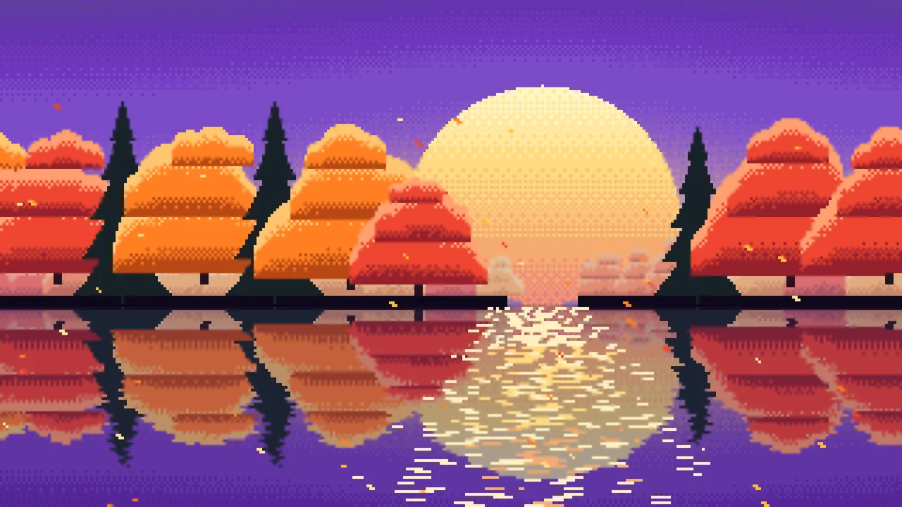 Purple Pixel Art Fall Lake desktop wallpaper in 4K