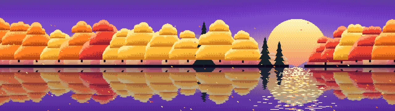 Purple Pixel Art Fall Lake dual monitor wallpaper, 7680 × 2160