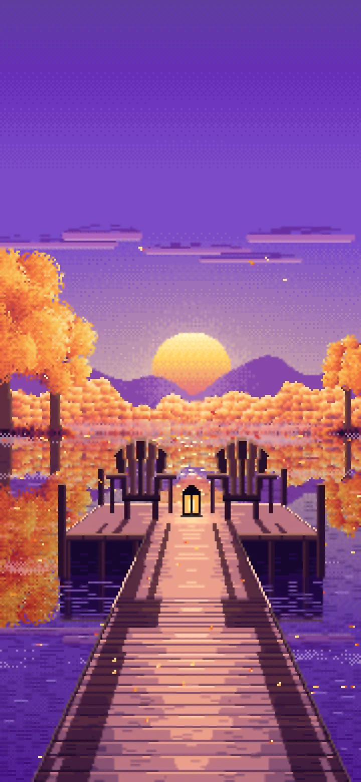 Purple Pixel Art Fall Lake Pier at Sunrise wallpaper for iPhone and Android