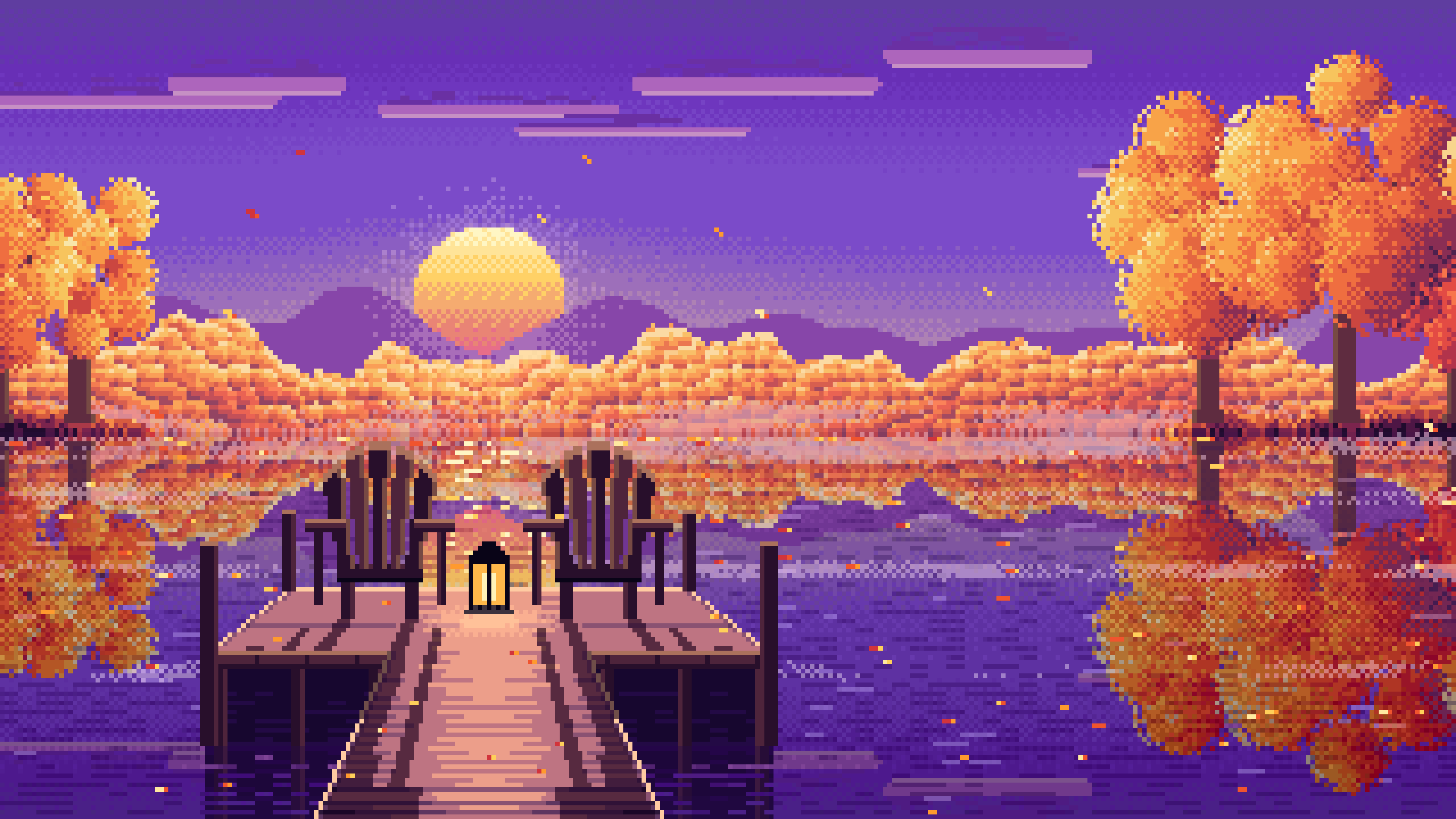 Purple Pixel Art Fall Lake Pier at Sunrise desktop wallpaper in 4K