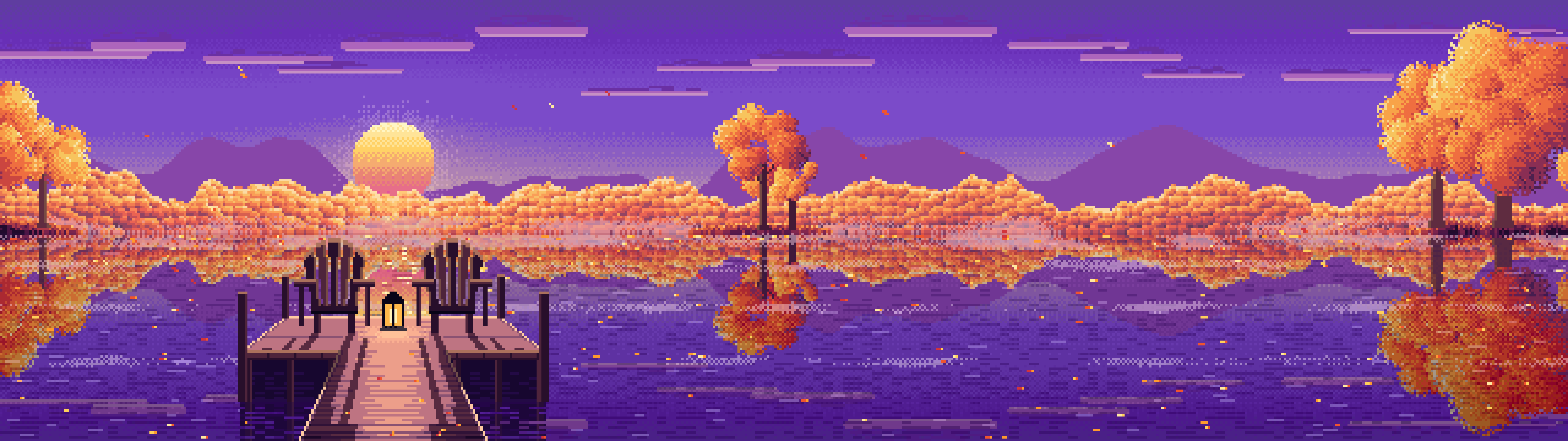 Purple Pixel Art Fall Lake Pier at Sunrise dual monitor wallpaper, 7680 × 2160