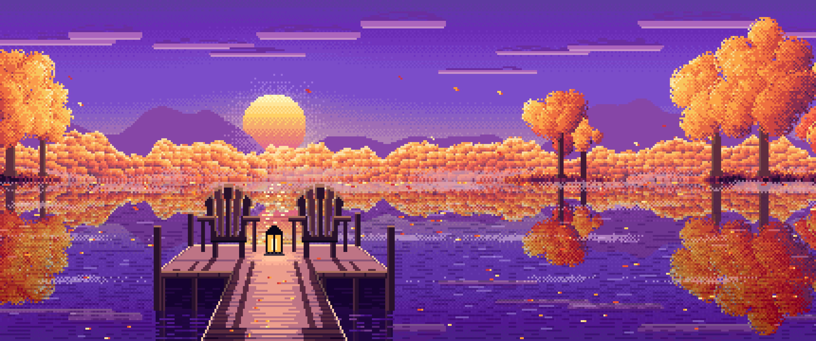 Purple Pixel Art Fall Lake Pier at Sunrise ultrawide wallpaper, 3440 × 1440