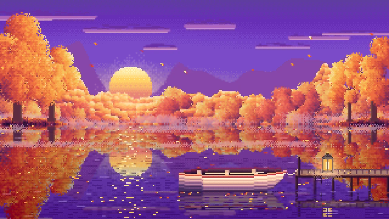 Purple Pixel Art Fall Lake Rowboat desktop wallpaper in 4K