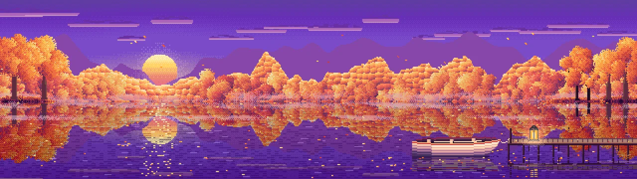 Purple Pixel Art Fall Lake Rowboat dual monitor wallpaper, 7680 × 2160