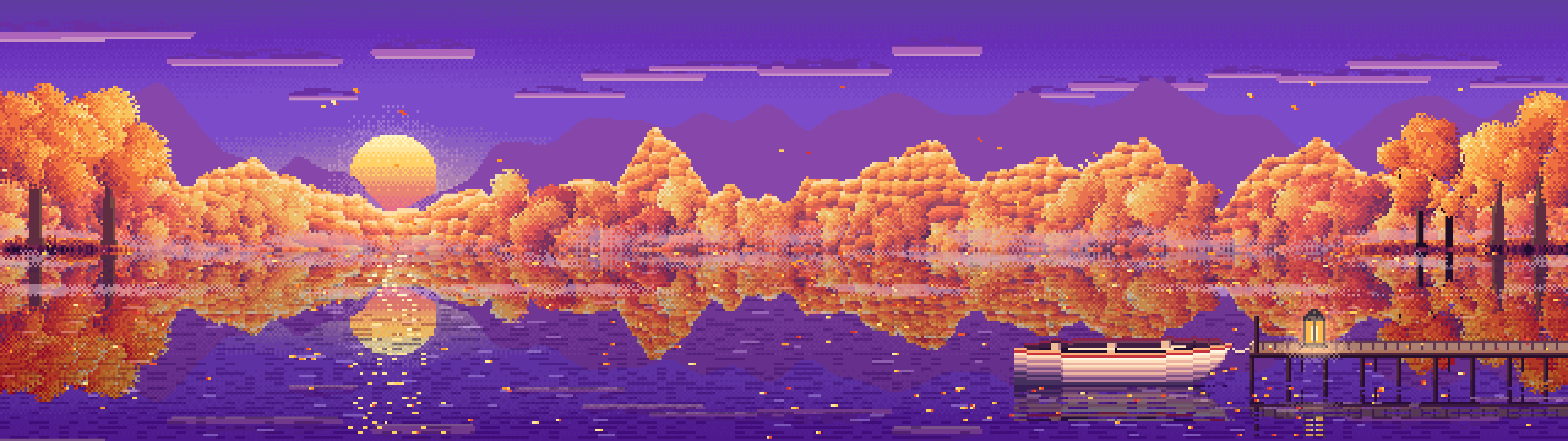 Purple Pixel Art Fall Lake Rowboat dual monitor wallpaper, 7680 × 2160