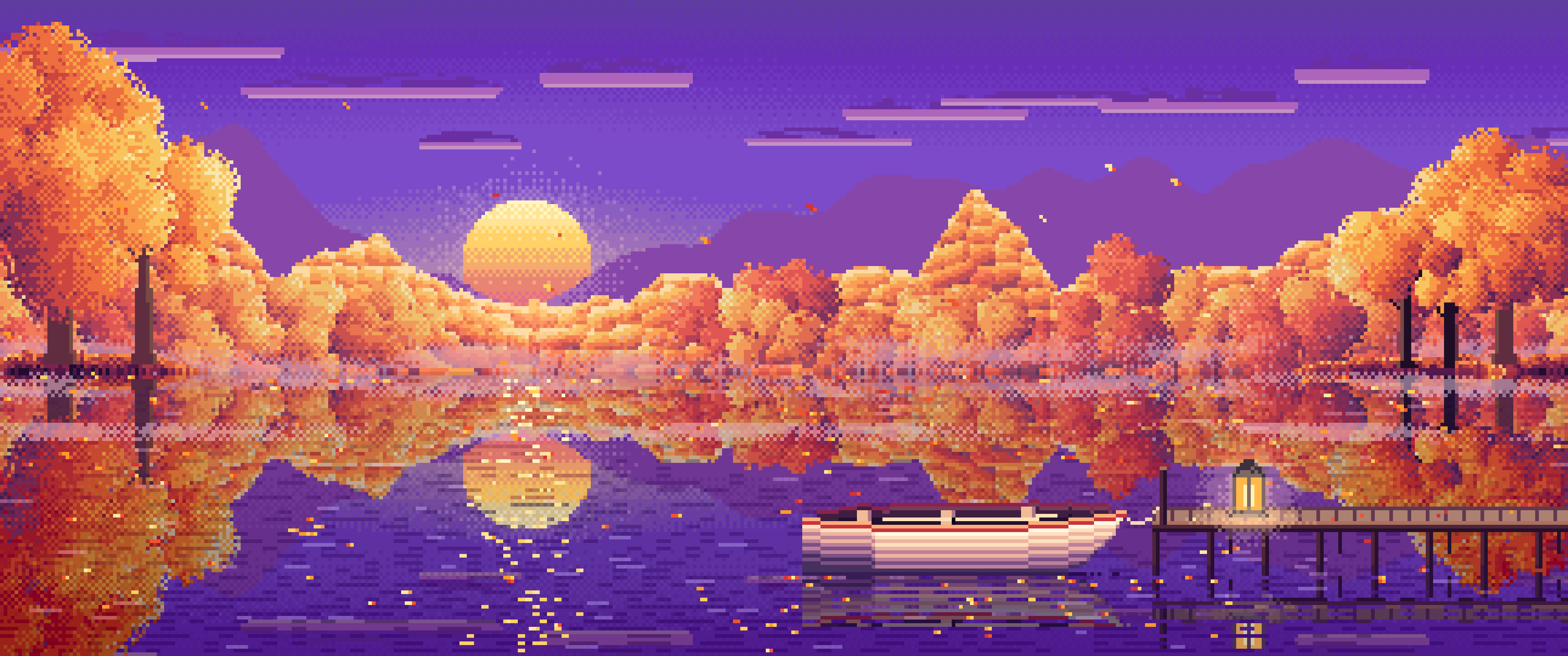 Purple Pixel Art Fall Lake Rowboat ultrawide wallpaper, 3440 × 1440