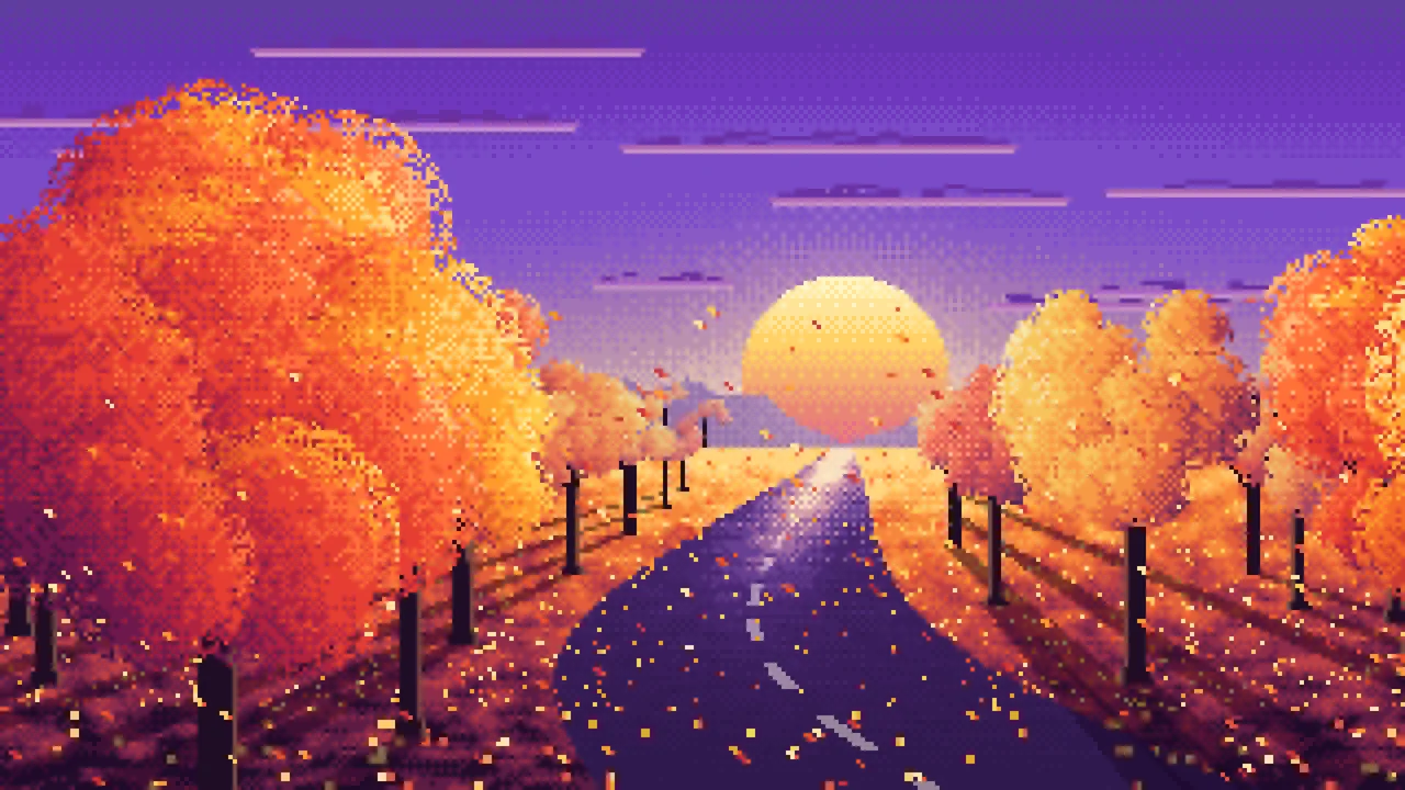 Purple Pixel Art Fall Road at Sunset desktop wallpaper in 4K