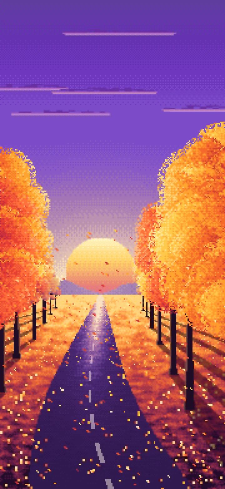 Purple Pixel Art Fall Road at Sunset wallpaper for iPhone and Android