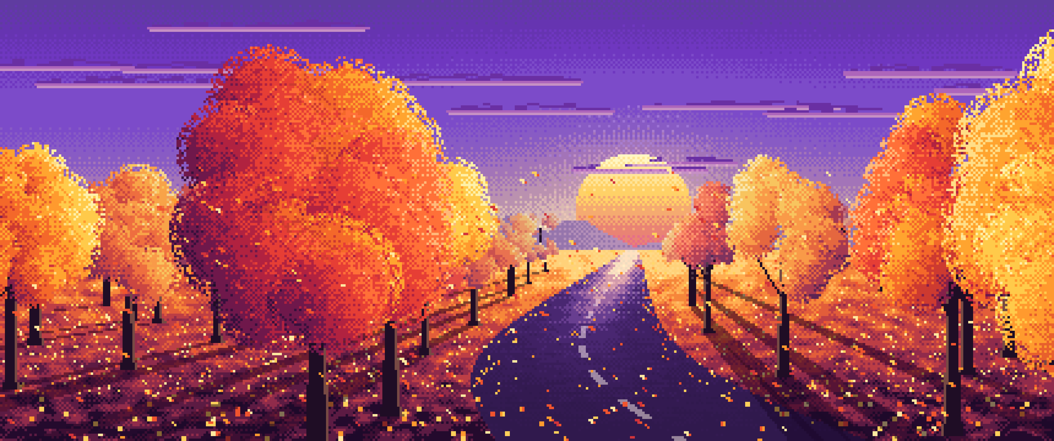 Purple Pixel Art Fall Road at Sunset ultrawide wallpaper, 3440 × 1440