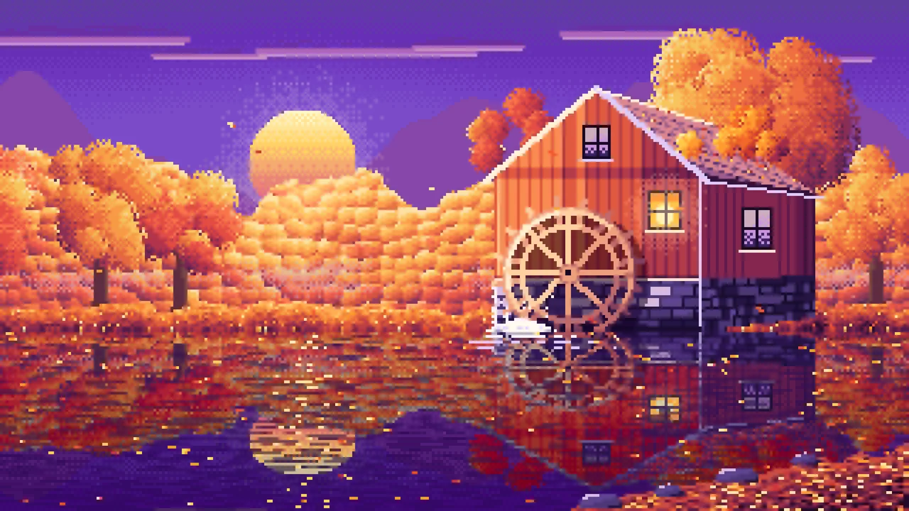 Purple Pixel Art Fall Watermill by a Stream desktop wallpaper in 4K