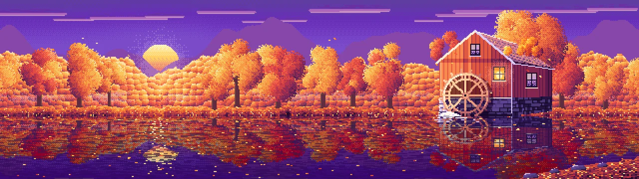 Purple Pixel Art Fall Watermill by a Stream dual monitor wallpaper, 7680 × 2160