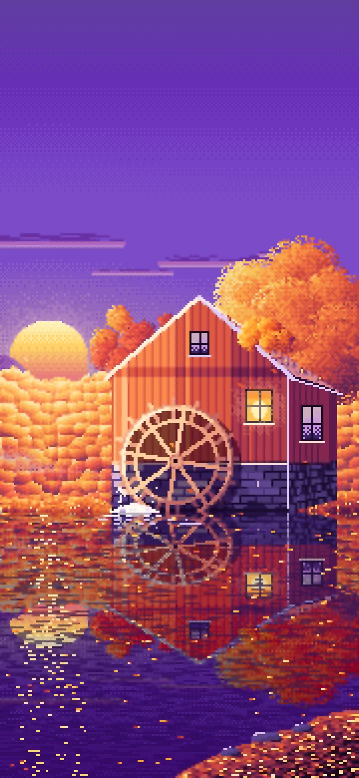 Purple Pixel Art Fall Watermill by a Stream wallpaper for iPhone and Android