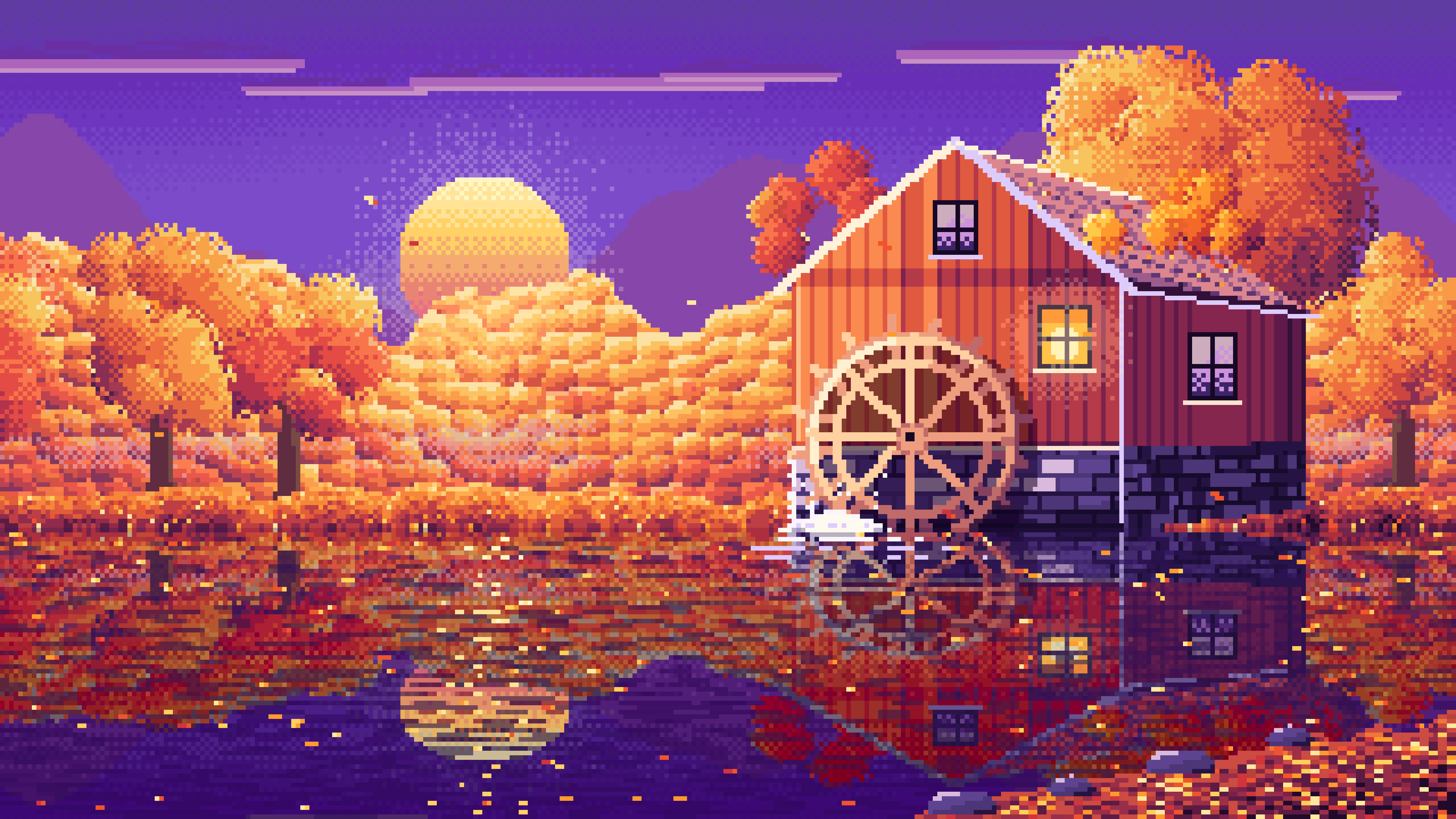 Purple Pixel Art Fall Watermill by a Stream desktop wallpaper in 4K