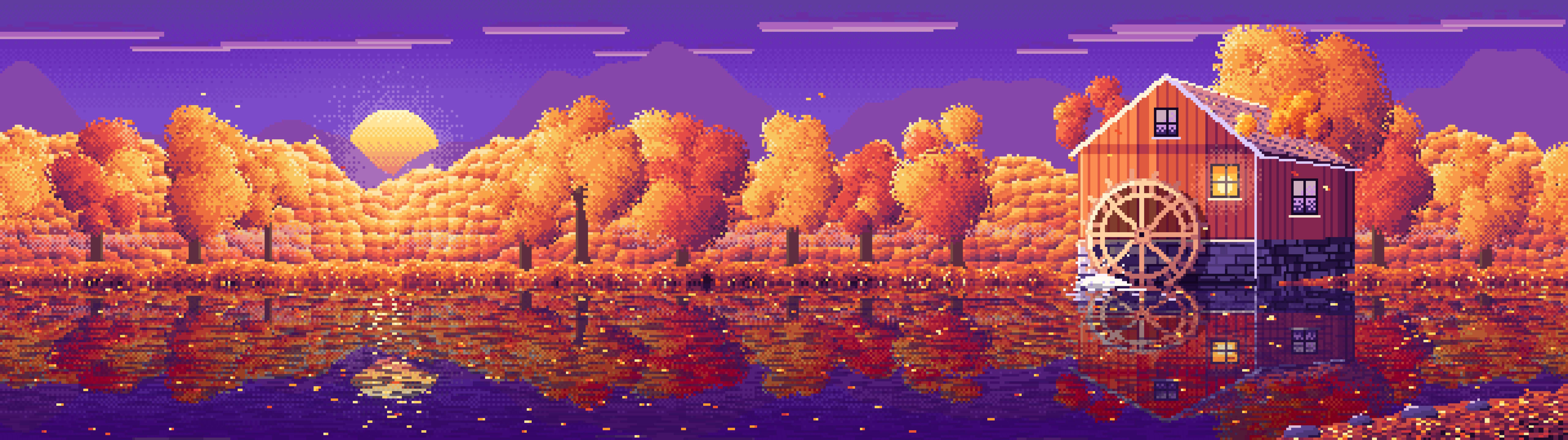 Purple Pixel Art Fall Watermill by a Stream dual monitor wallpaper, 7680 × 2160
