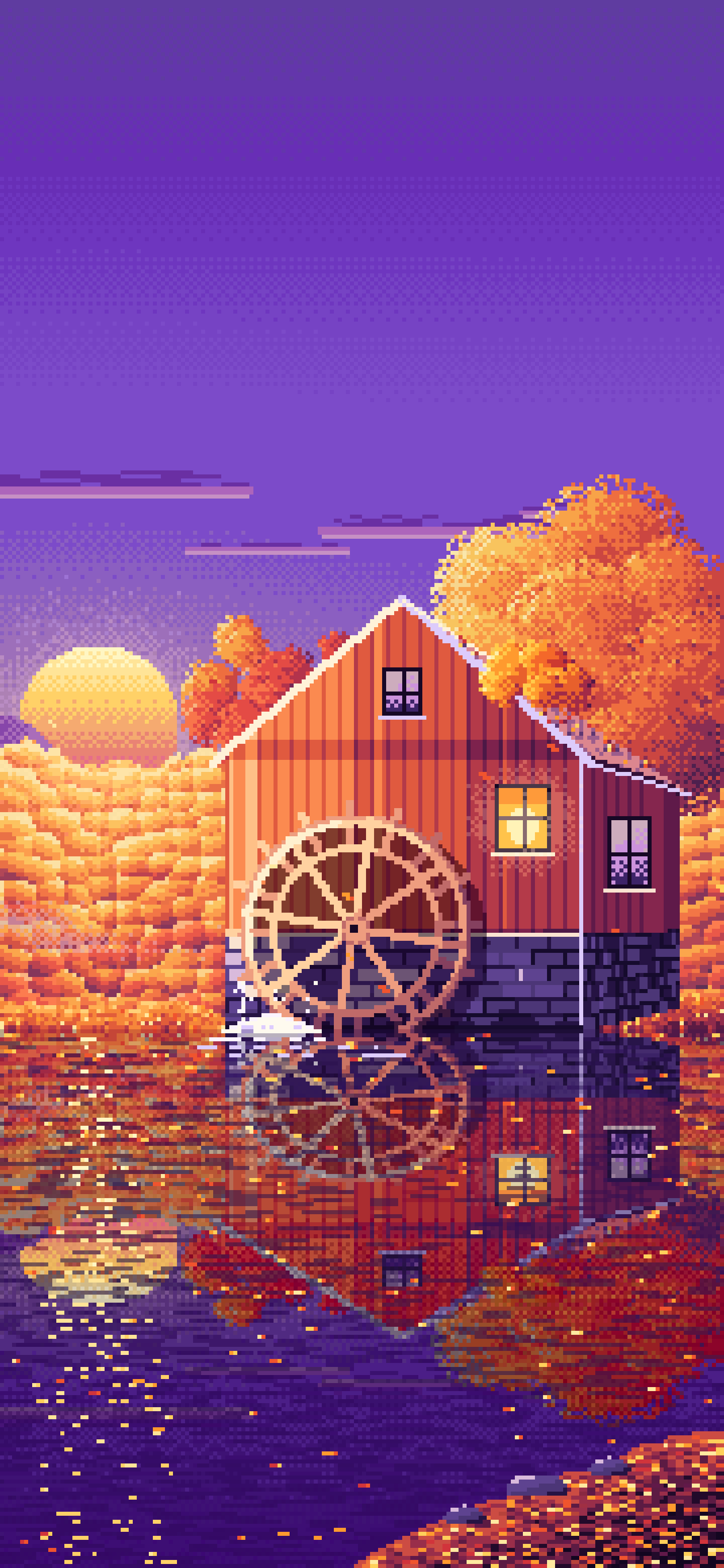 Purple Pixel Art Fall Watermill by a Stream wallpaper for iPhone and Android