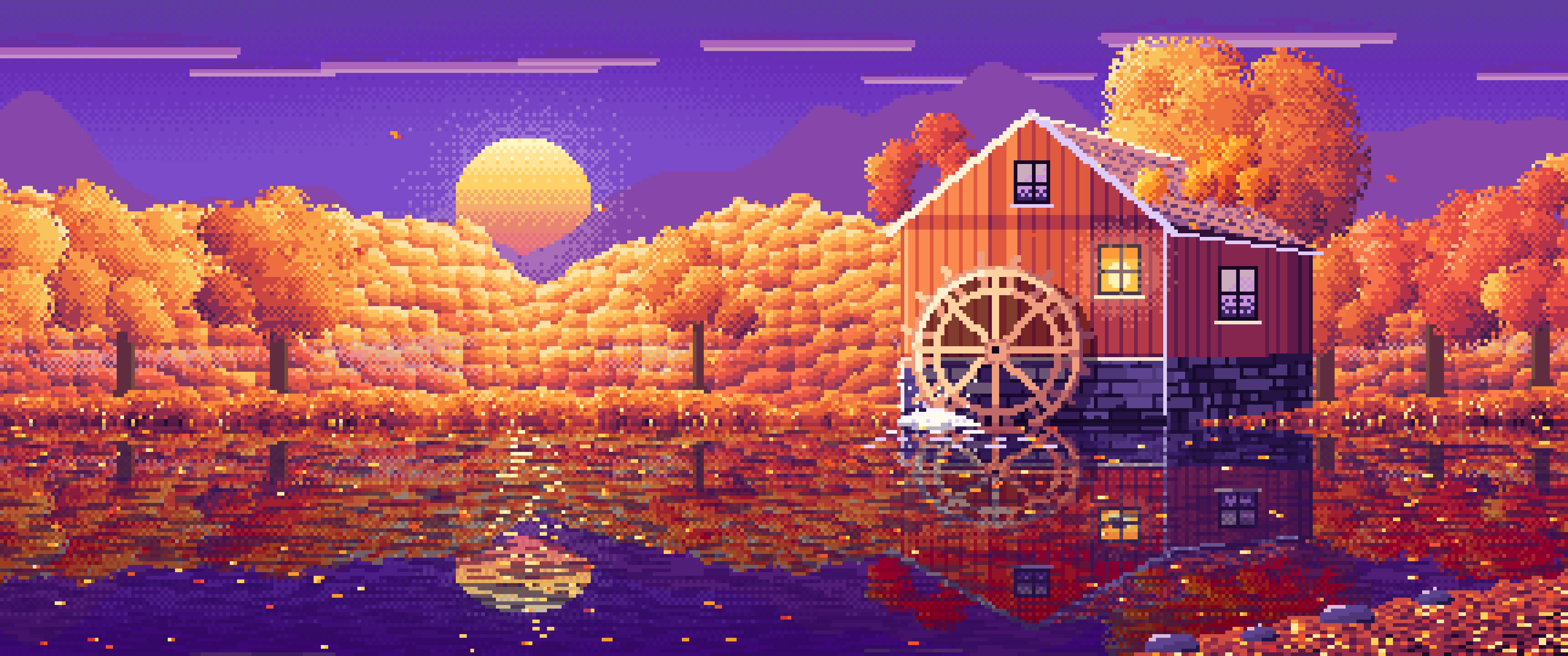 Purple Pixel Art Fall Watermill by a Stream ultrawide wallpaper, 3440 × 1440