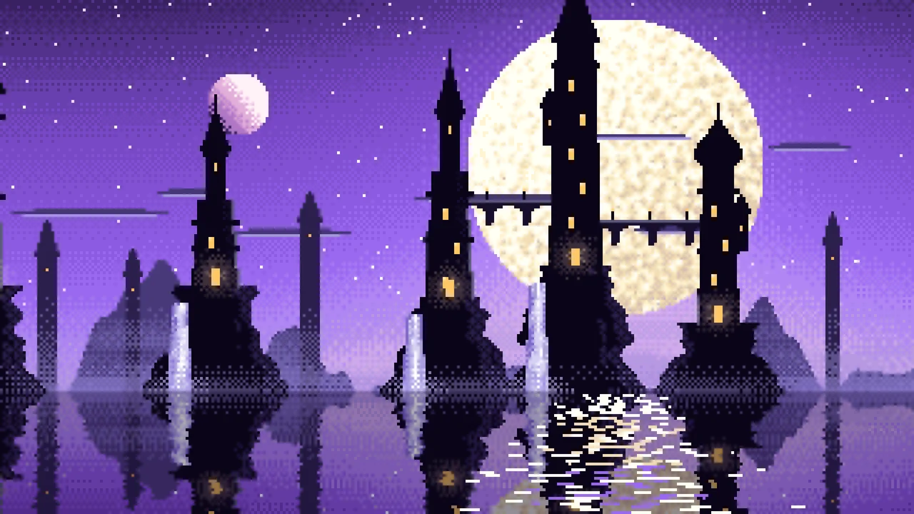 Purple Pixel Art Fantasy City desktop wallpaper in 4K