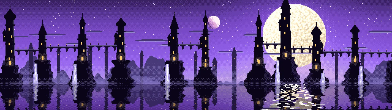 Purple Pixel Art Fantasy City dual monitor wallpaper, 7680 × 2160