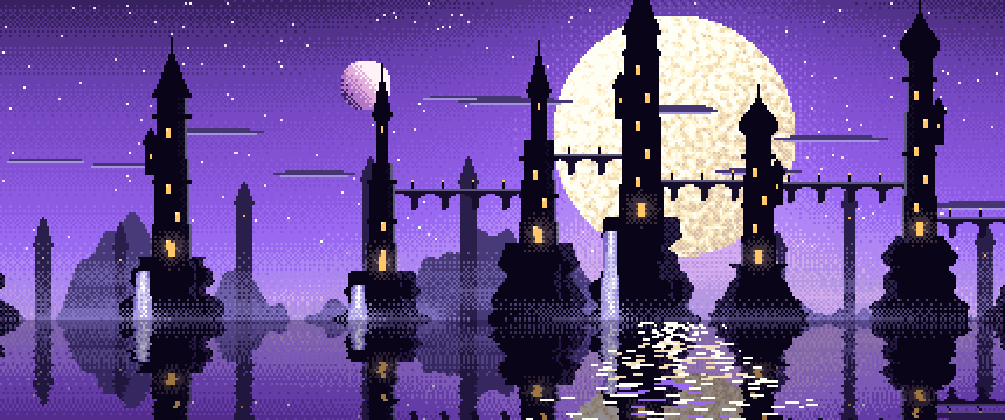 Purple Pixel Art Fantasy City ultrawide wallpaper, 3440 × 1440