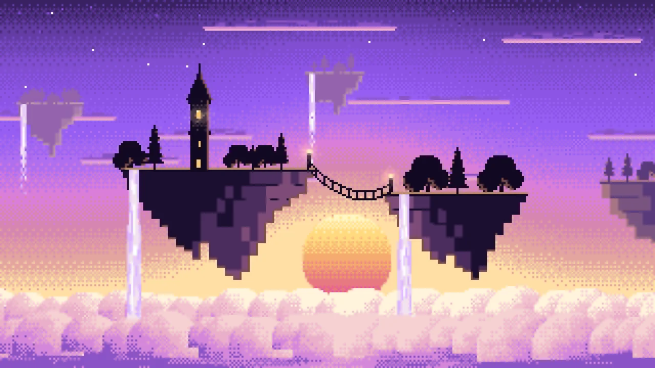 Purple Pixel Art Fantasy Floating Islands at Sunset desktop wallpaper in 4K