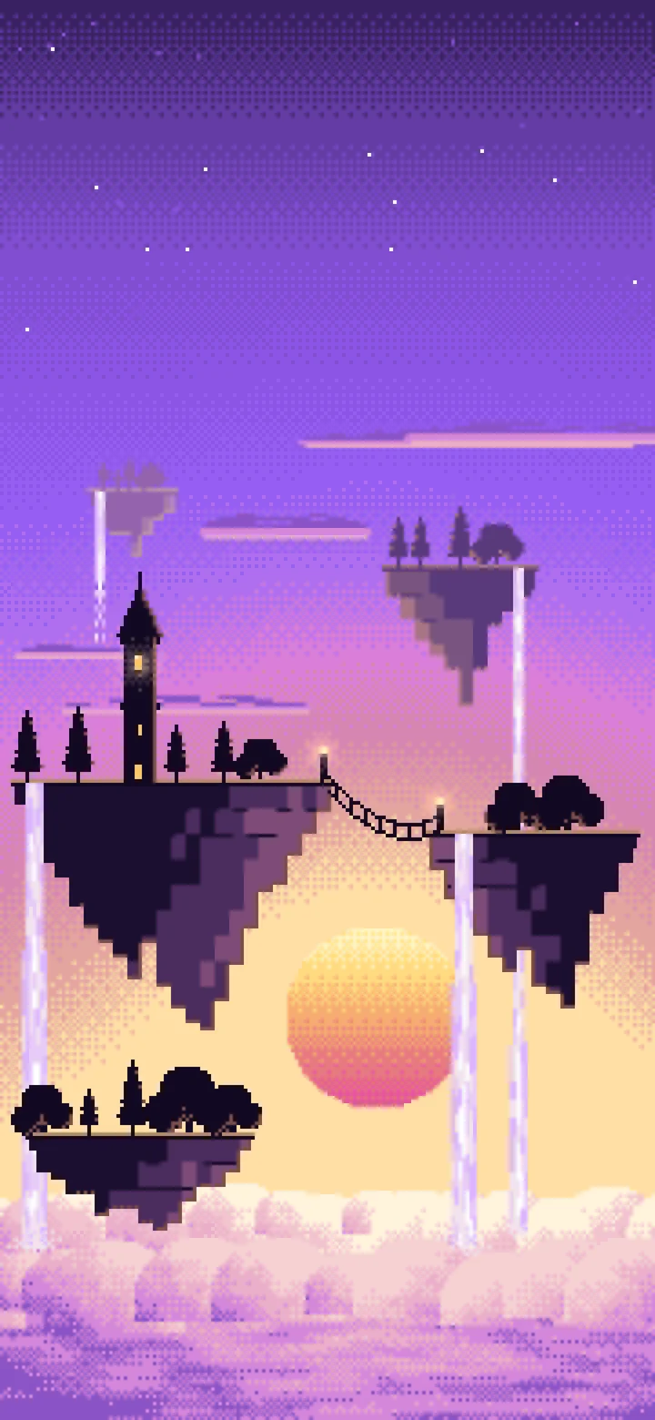 Purple Pixel Art Fantasy Floating Islands at Sunset wallpaper for iPhone and Android