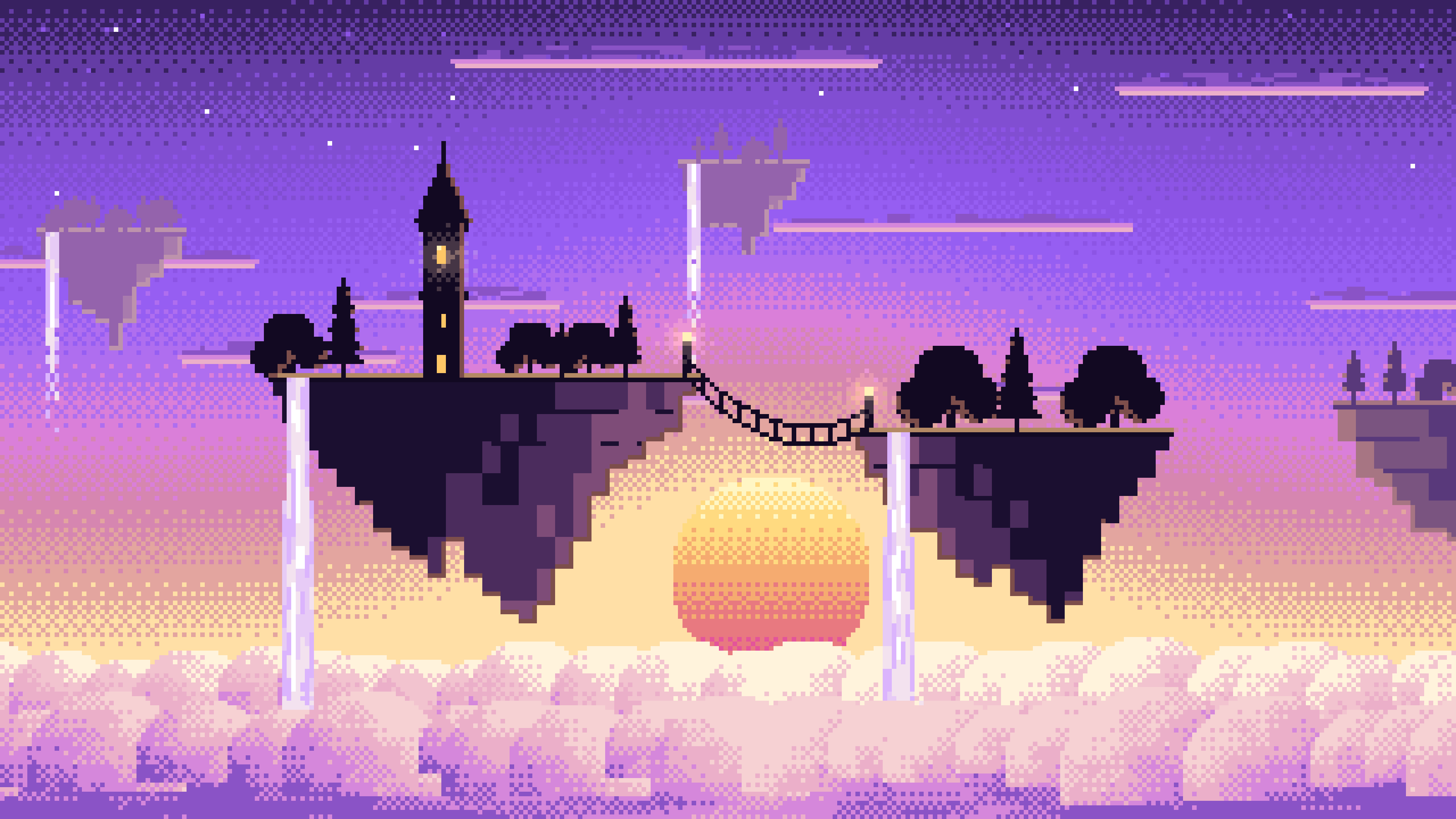 Purple Pixel Art Fantasy Floating Islands at Sunset desktop wallpaper in 4K