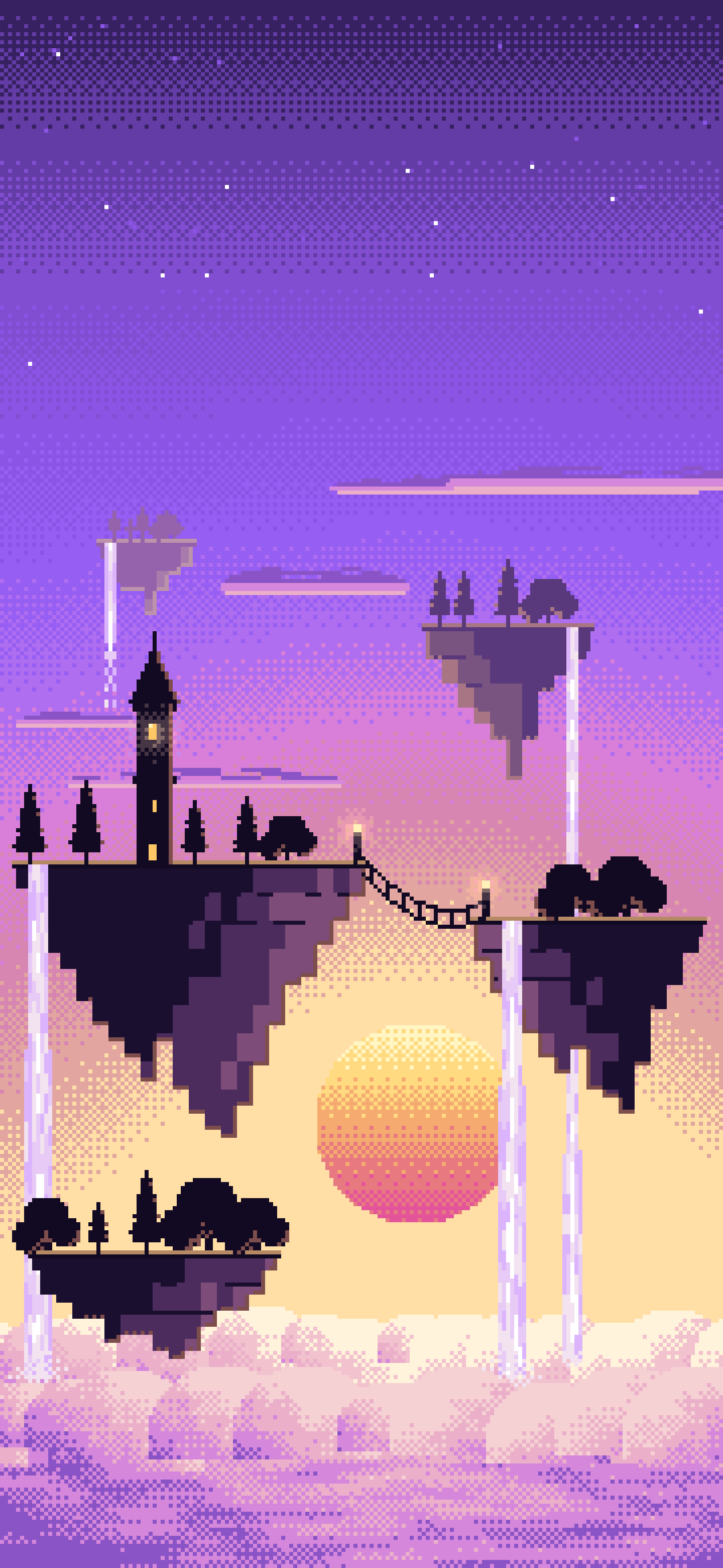 Purple Pixel Art Fantasy Floating Islands at Sunset wallpaper for iPhone and Android