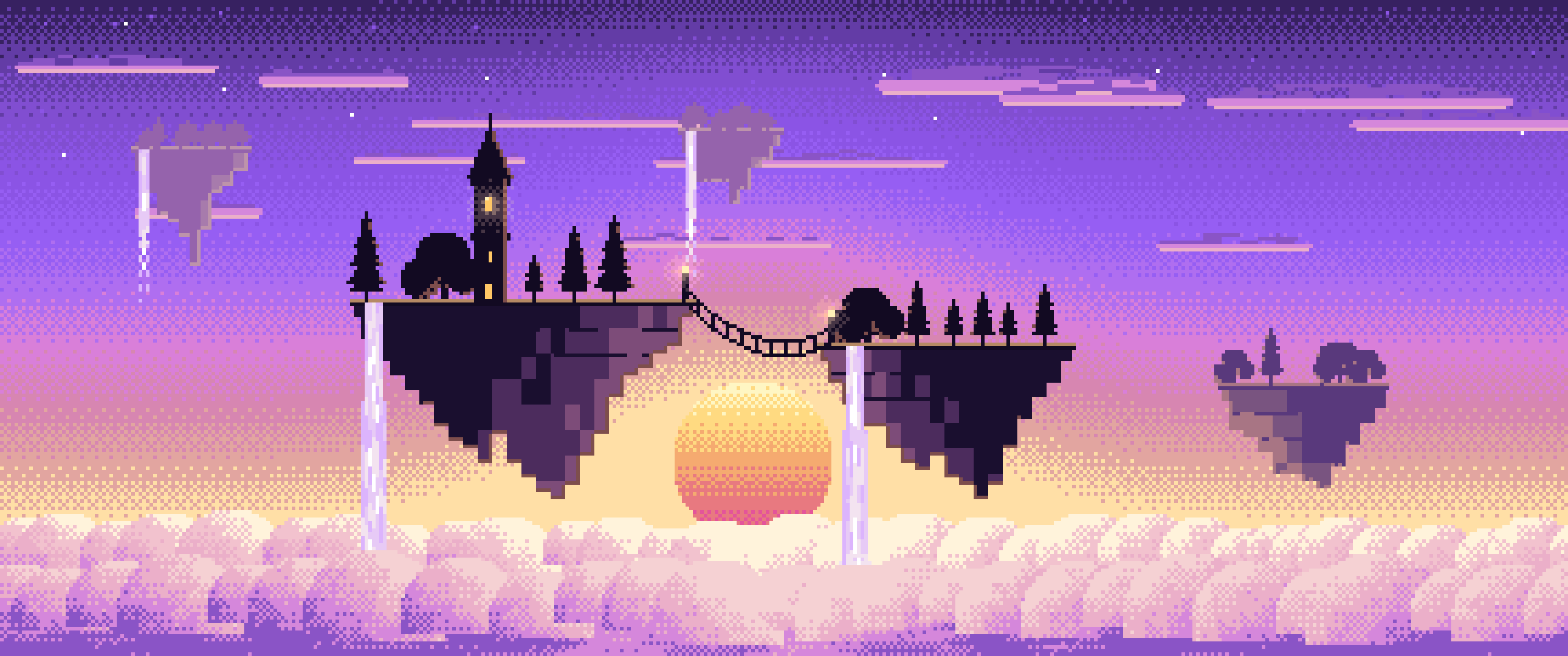 Purple Pixel Art Fantasy Floating Islands at Sunset ultrawide wallpaper, 3440 × 1440