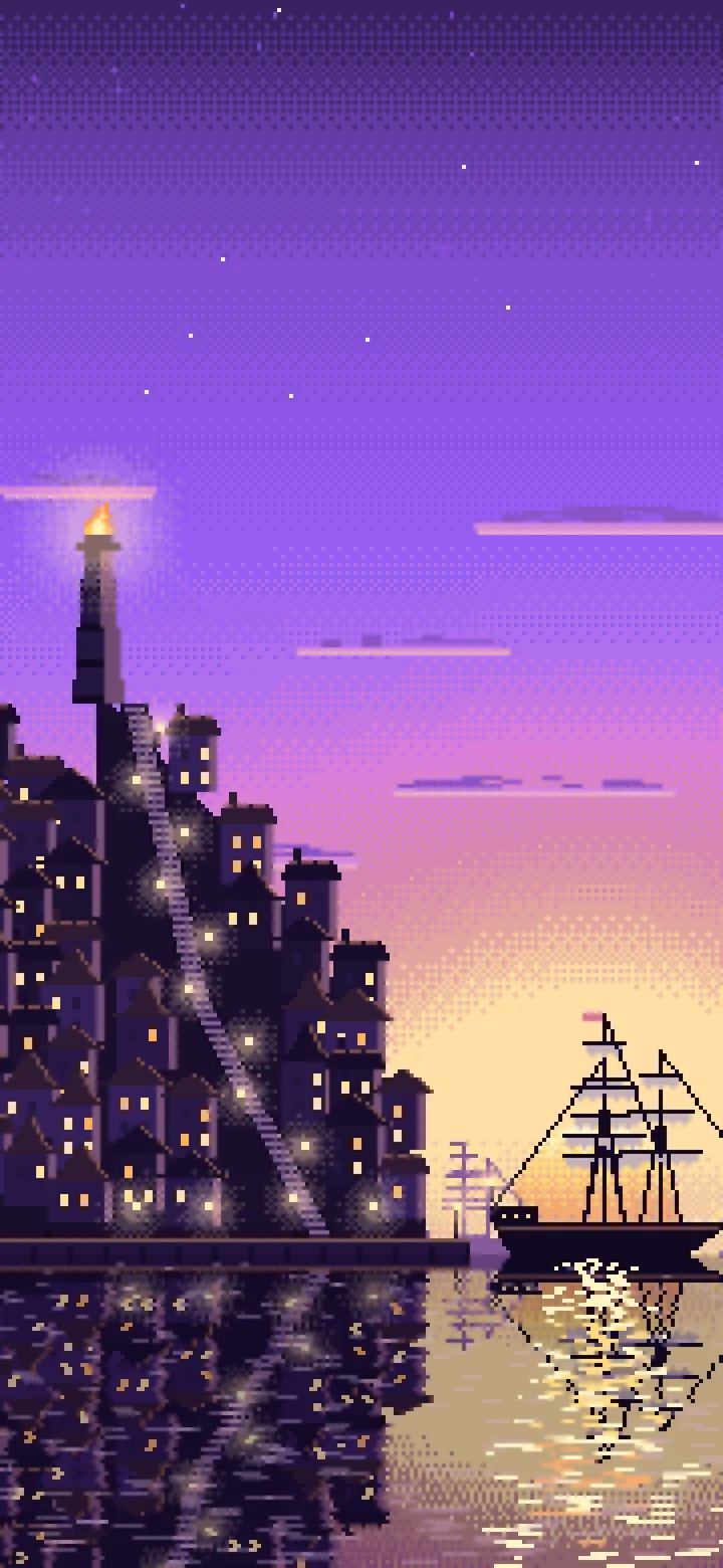Purple Pixel Art Fantasy Harbor Town at Dusk wallpaper for iPhone and Android
