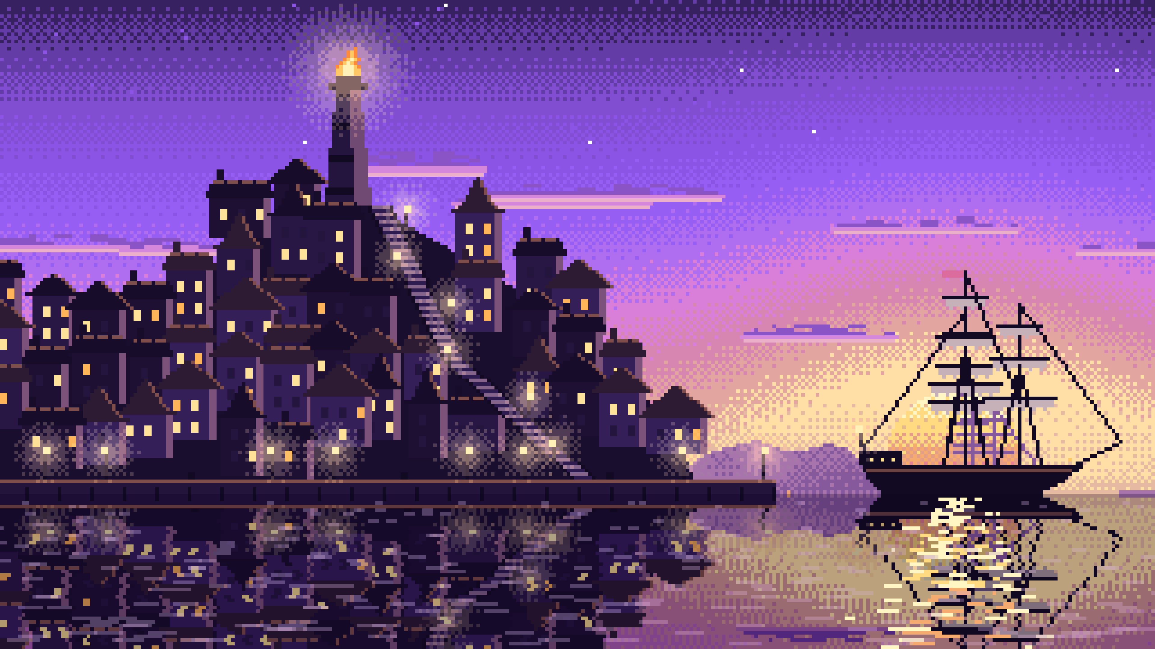 Purple Pixel Art Fantasy Harbor Town at Dusk desktop wallpaper in 4K