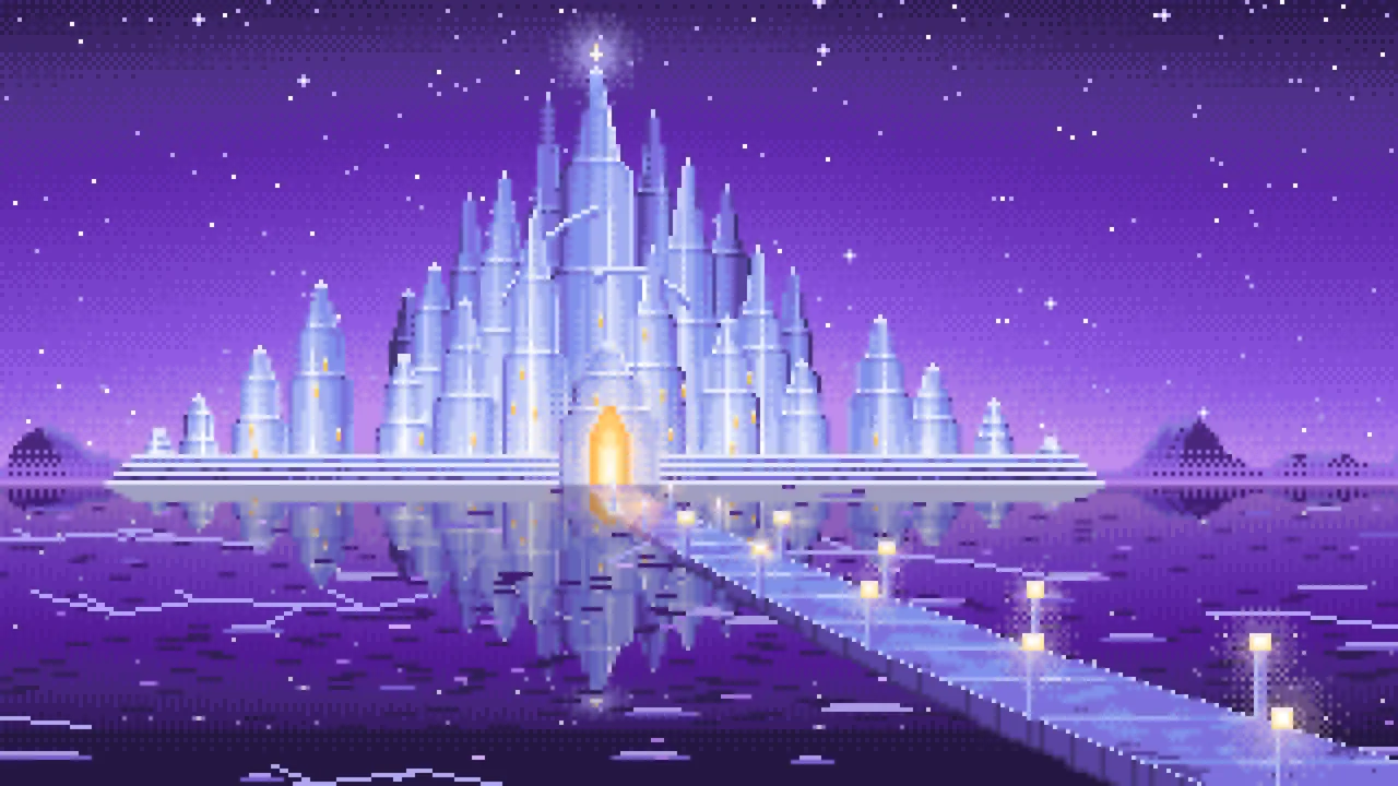 Purple Pixel Art Fantasy Ice Palace desktop wallpaper in 4K