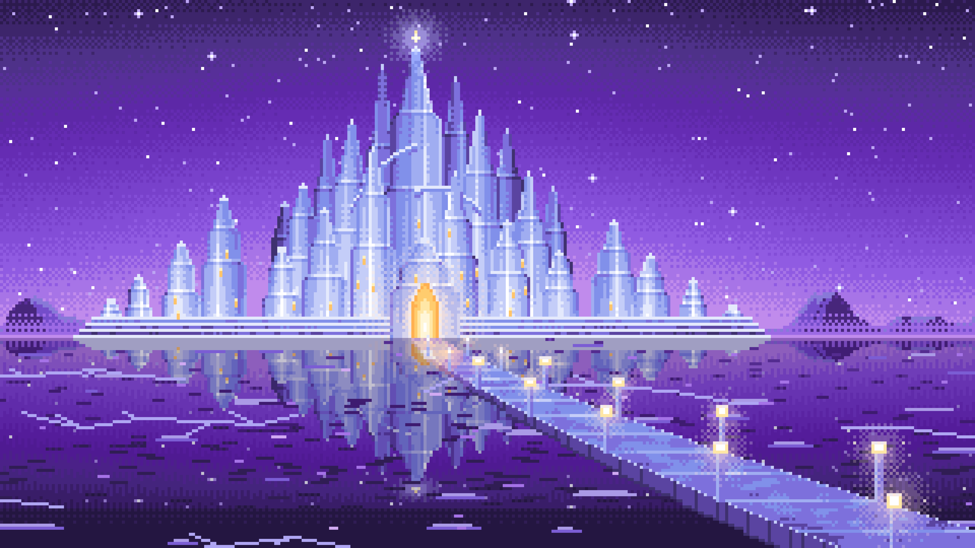 Purple Pixel Art Fantasy Ice Palace desktop wallpaper in 4K
