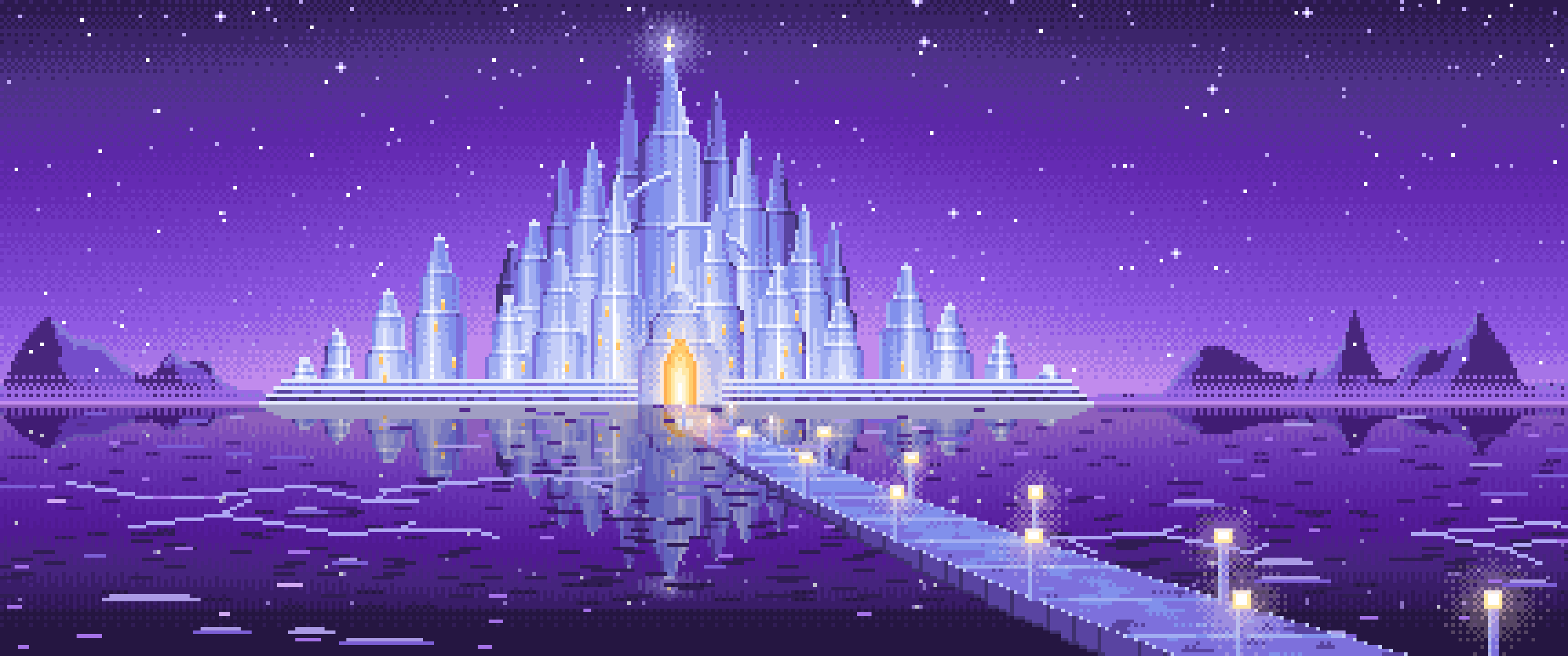 Purple Pixel Art Fantasy Ice Palace ultrawide wallpaper, 3440 × 1440
