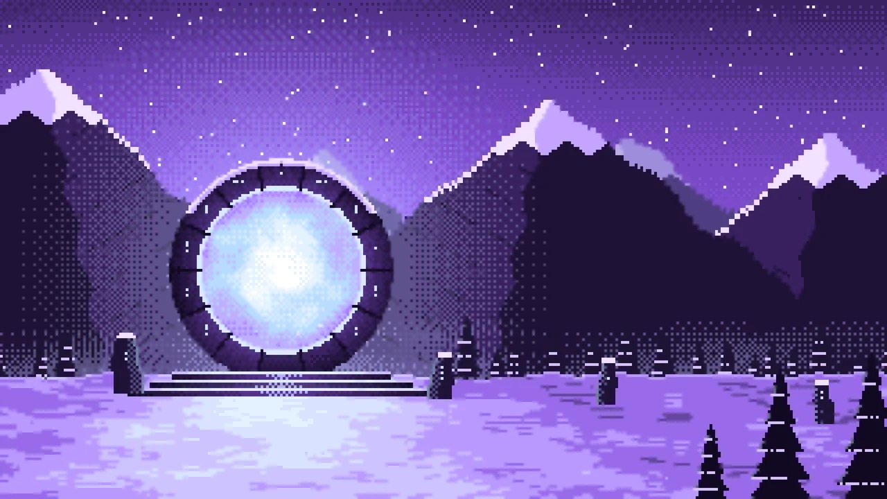 Purple Pixel Art Fantasy Portal in a Snowy Pass desktop wallpaper in 4K