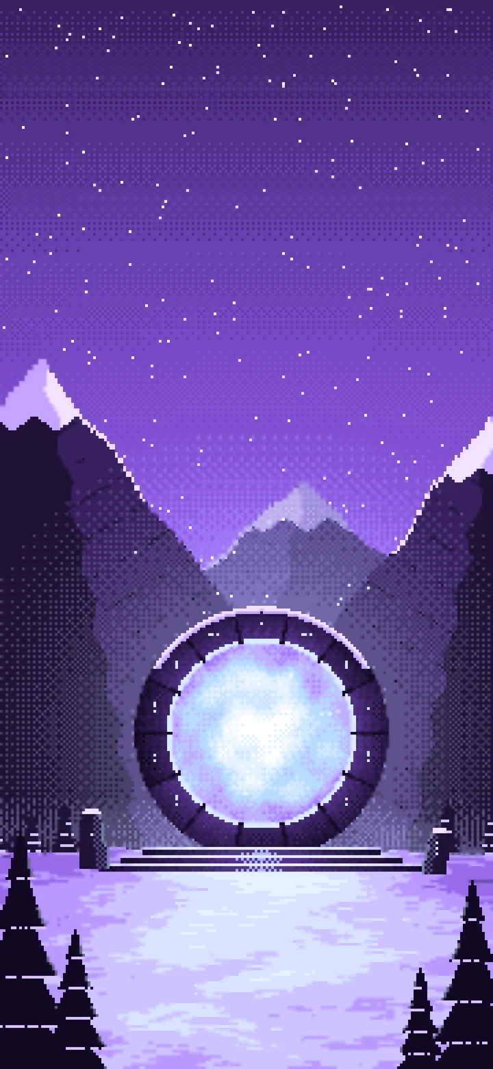 Purple Pixel Art Fantasy Portal in a Snowy Pass wallpaper for iPhone and Android