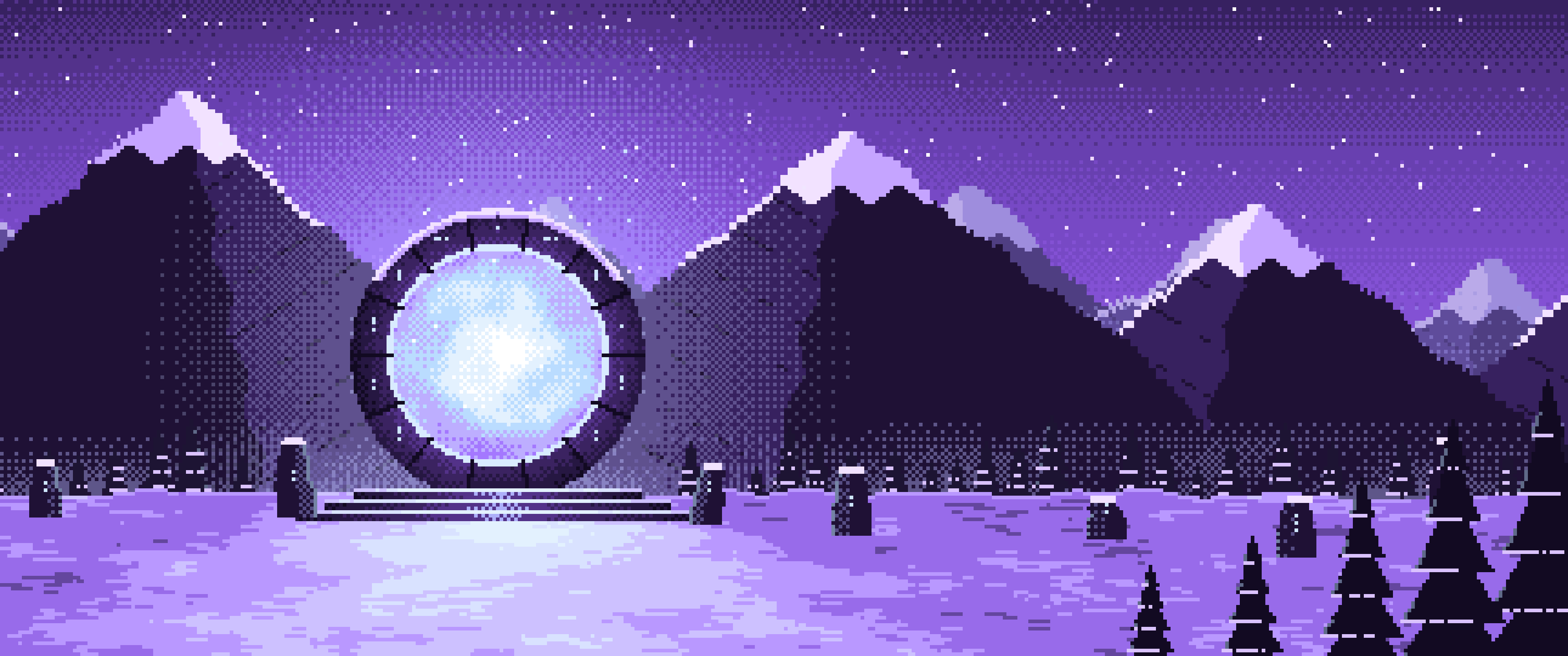 Purple Pixel Art Fantasy Portal in a Snowy Pass ultrawide wallpaper, 3440 × 1440
